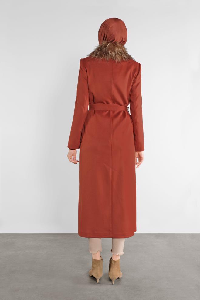 Vêtements hijab ORANGE MANTEAU CEINTURÉ DÉTAIL FAUSSE FOURRURE 90103 - ALVİNA