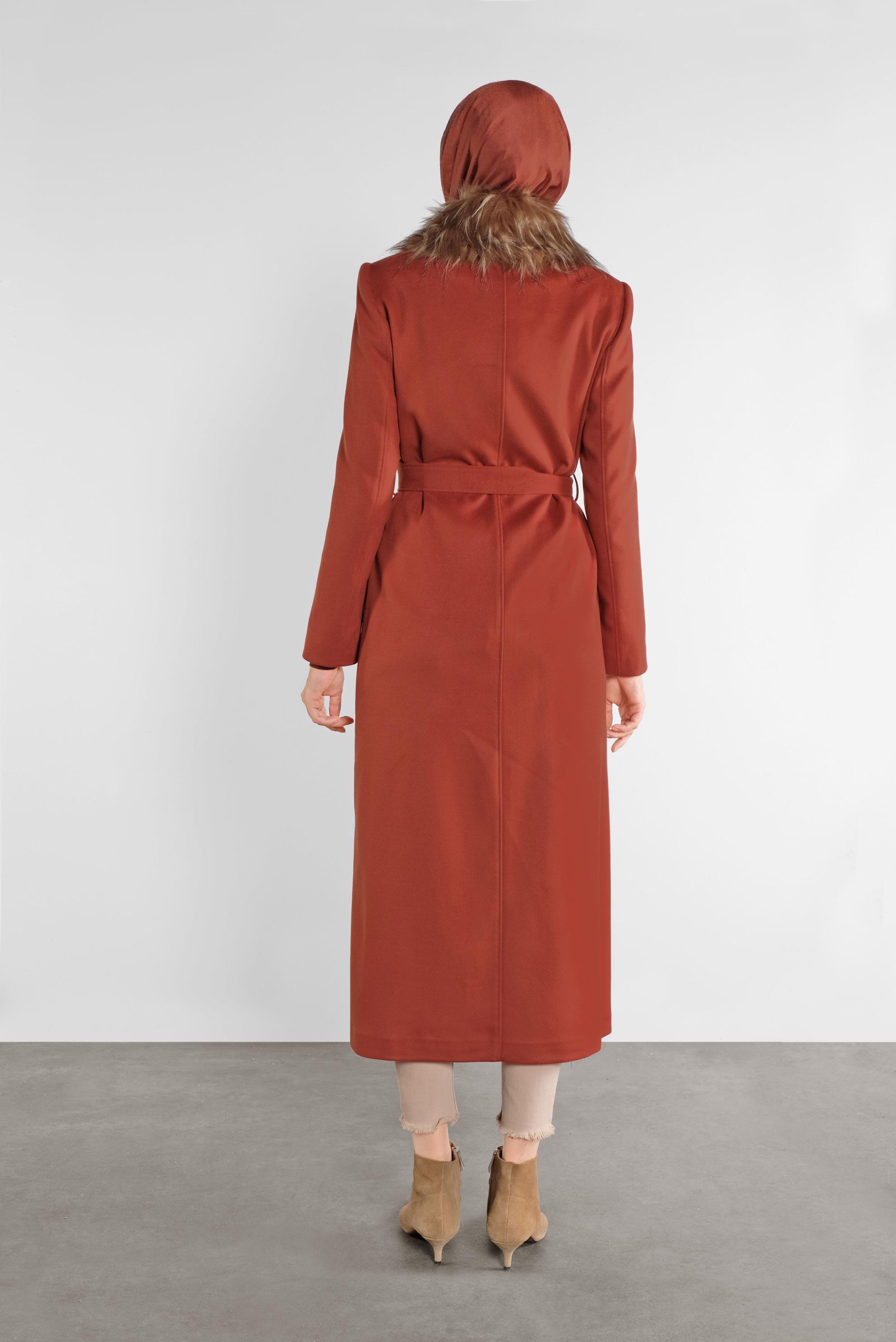 Vêtements hijab ORANGE MANTEAU CEINTURÉ DÉTAIL FAUSSE FOURRURE 90103