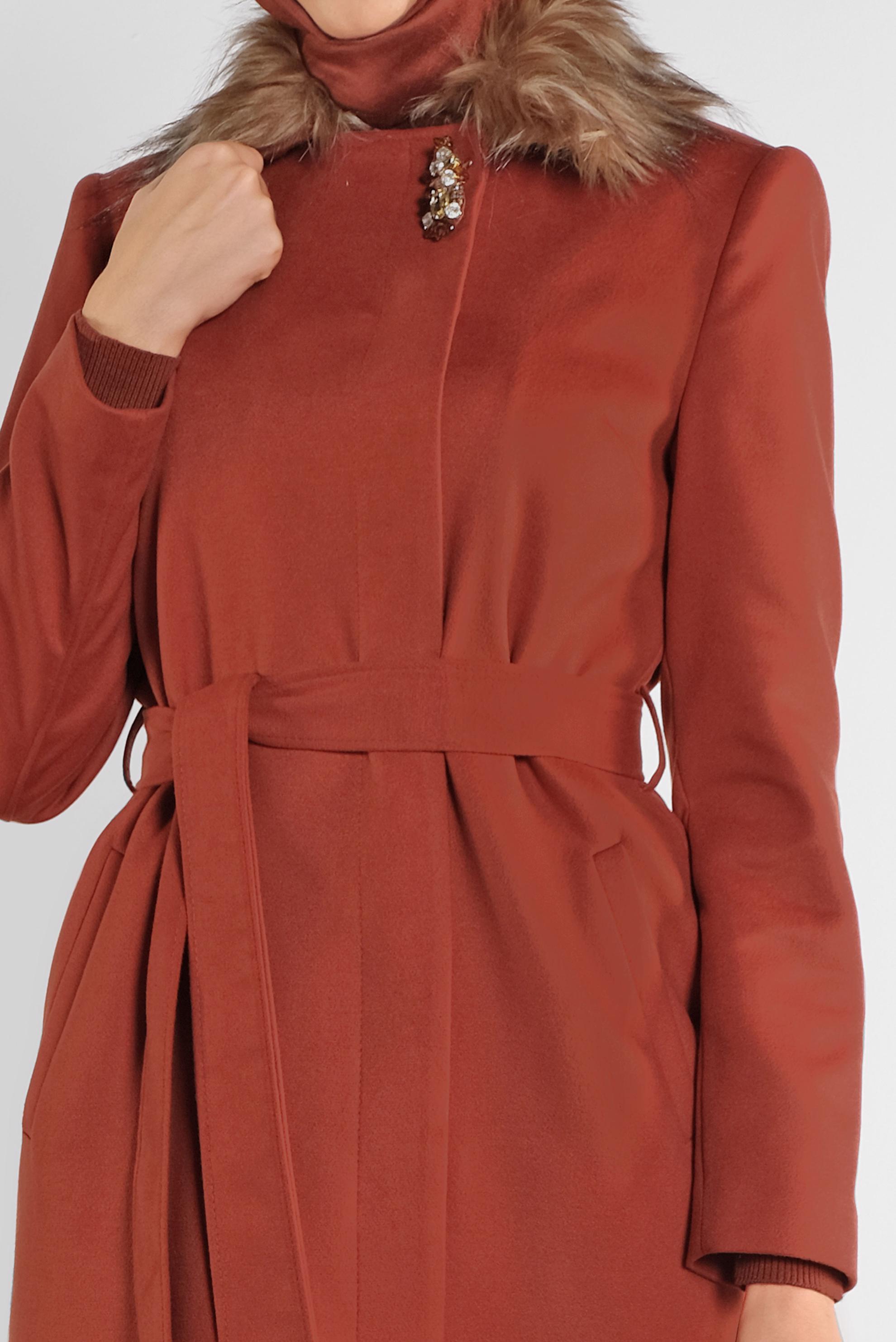 Vêtements hijab ORANGE MANTEAU CEINTURÉ DÉTAIL FAUSSE FOURRURE 90103