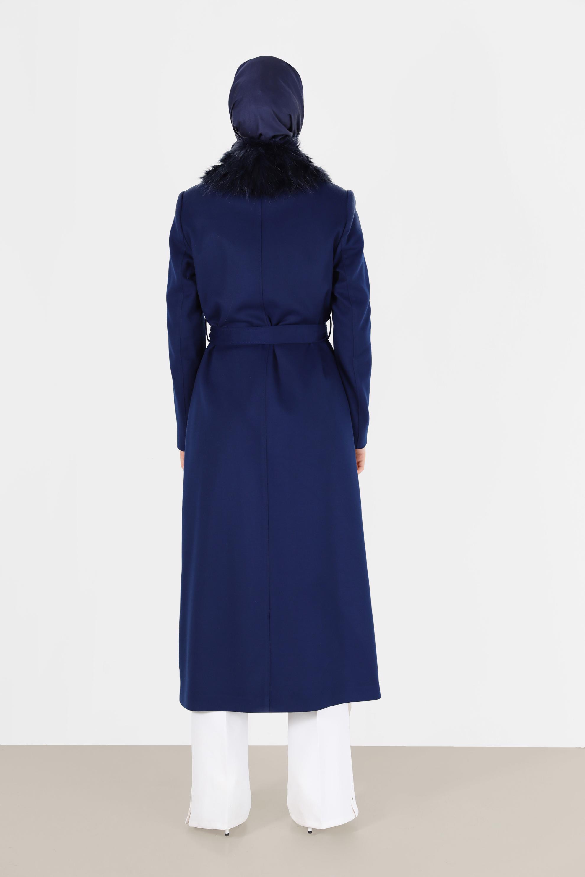 Vêtements hijab BLEU MARINE MANTEAU CEINTURÉ DÉTAIL FAUSSE FOURRURE 90103