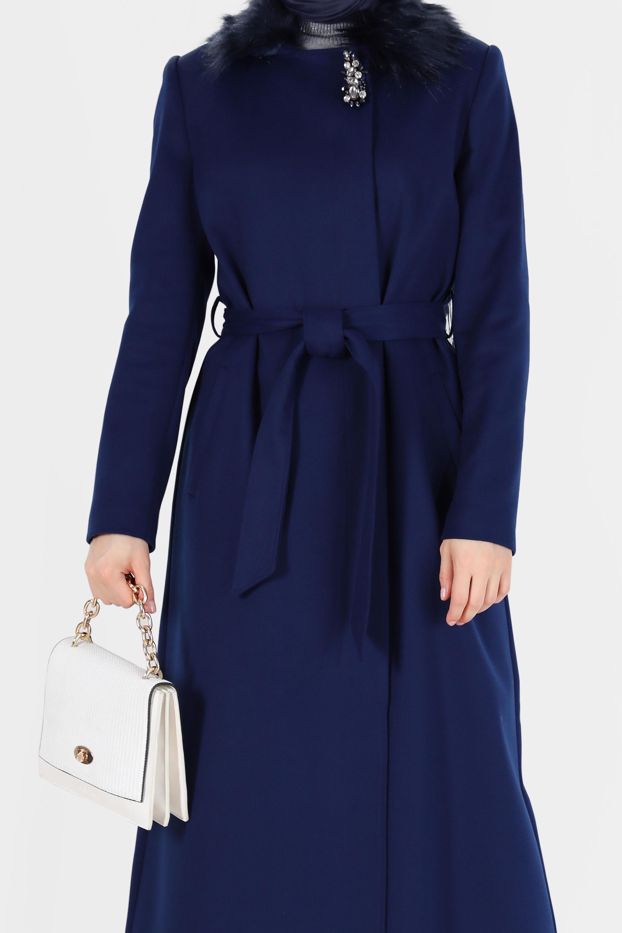 Vêtements hijab BLEU MARINE MANTEAU CEINTURÉ DÉTAIL FAUSSE FOURRURE 90103