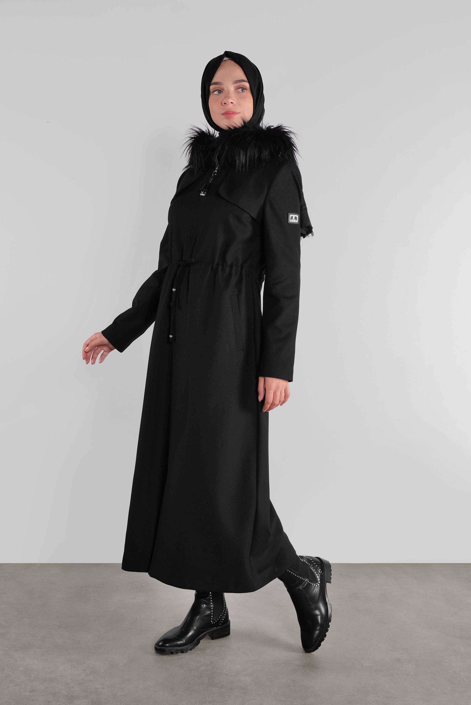 Hijab clothing BLACK FAUX-FUR-TRIM HOODED COAT 90111 
