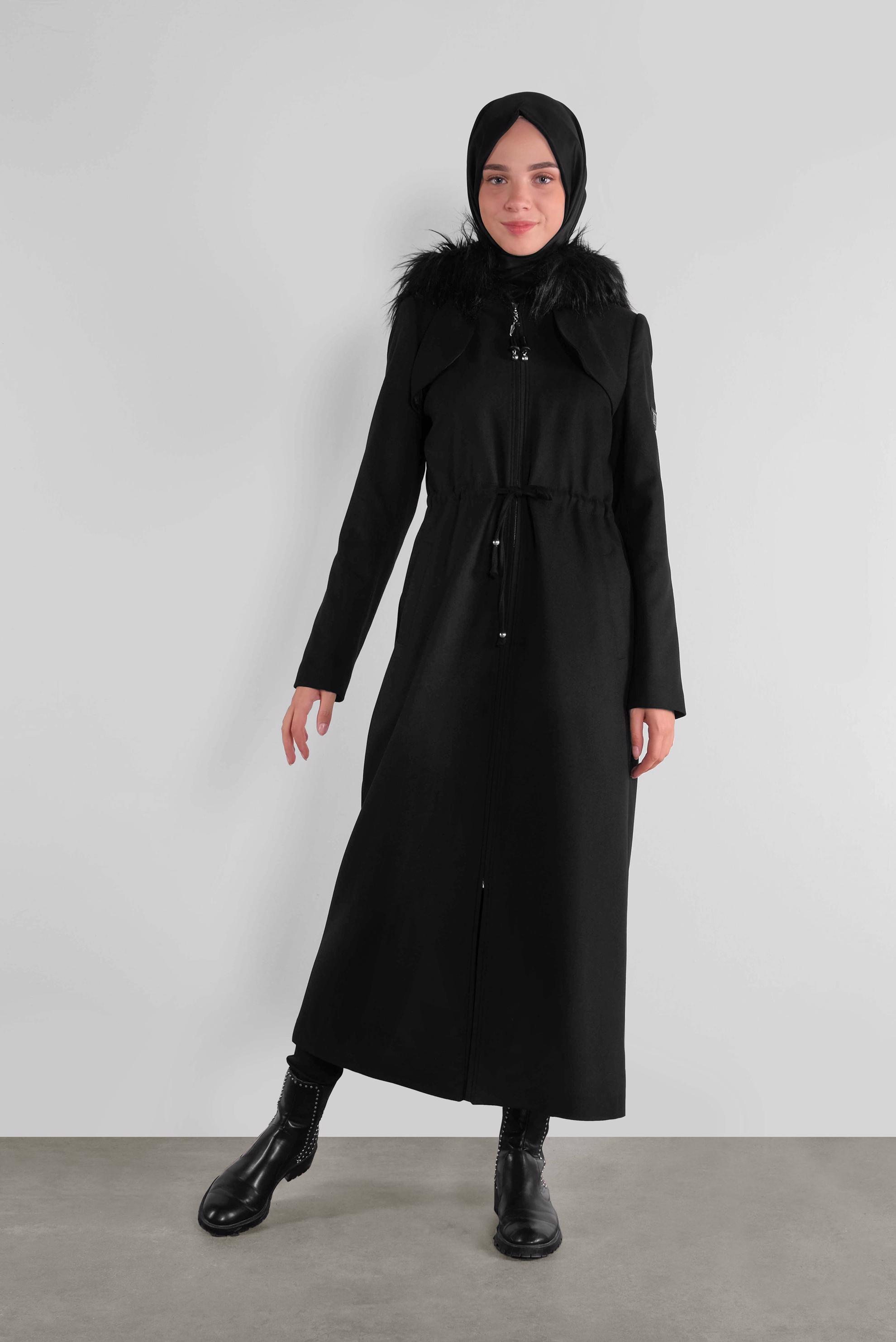 Hijab clothing BLACK FAUX-FUR-TRIM HOODED COAT 90111 