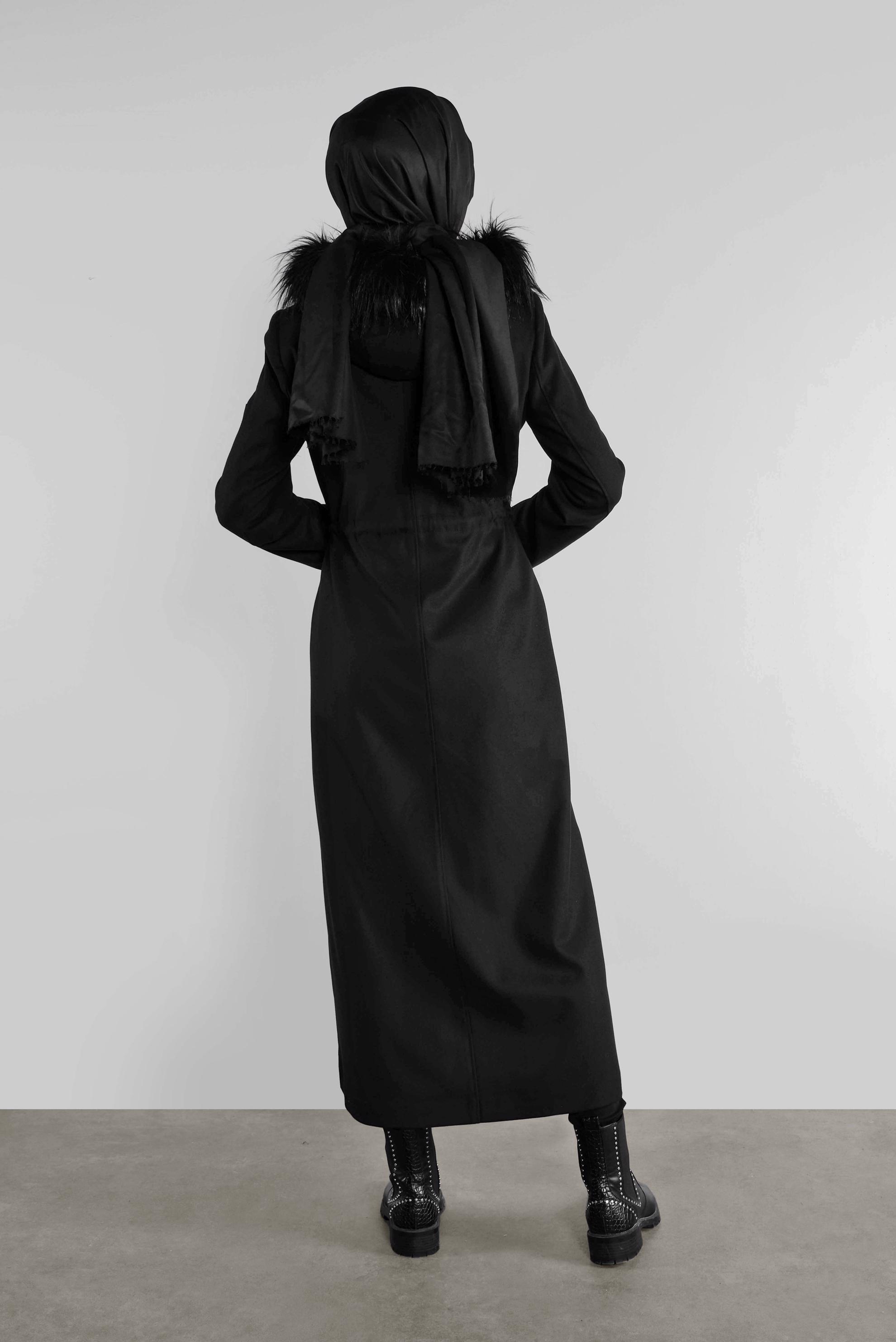 Hijab clothing BLACK FAUX-FUR-TRIM HOODED COAT 90111 