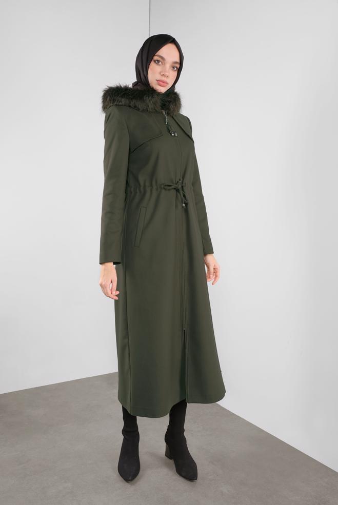 Hijab clothing KHAKI FAUX-FUR-TRIM HOODED COAT 90111  - ALVİNA