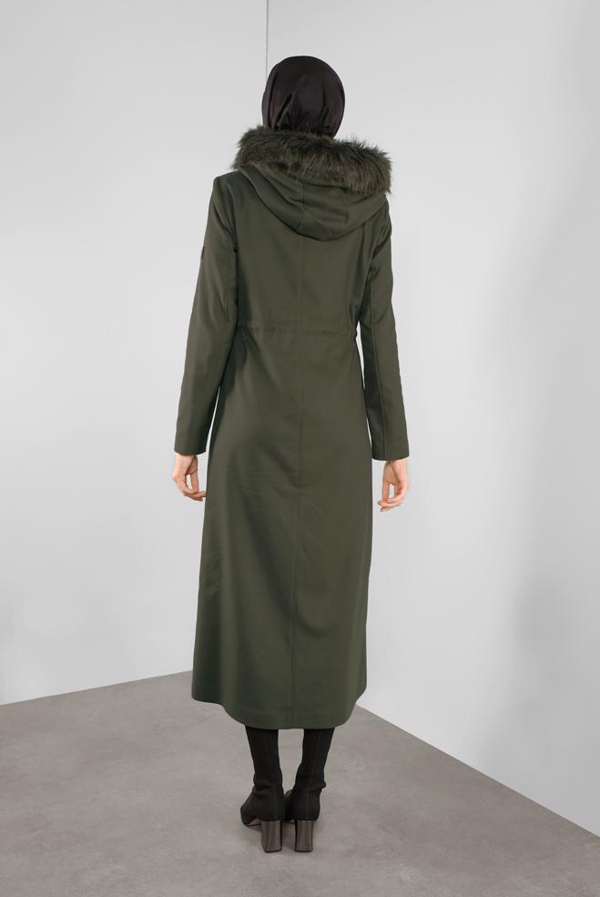 Hijab clothing KHAKI FAUX-FUR-TRIM HOODED COAT 90111  - ALVİNA