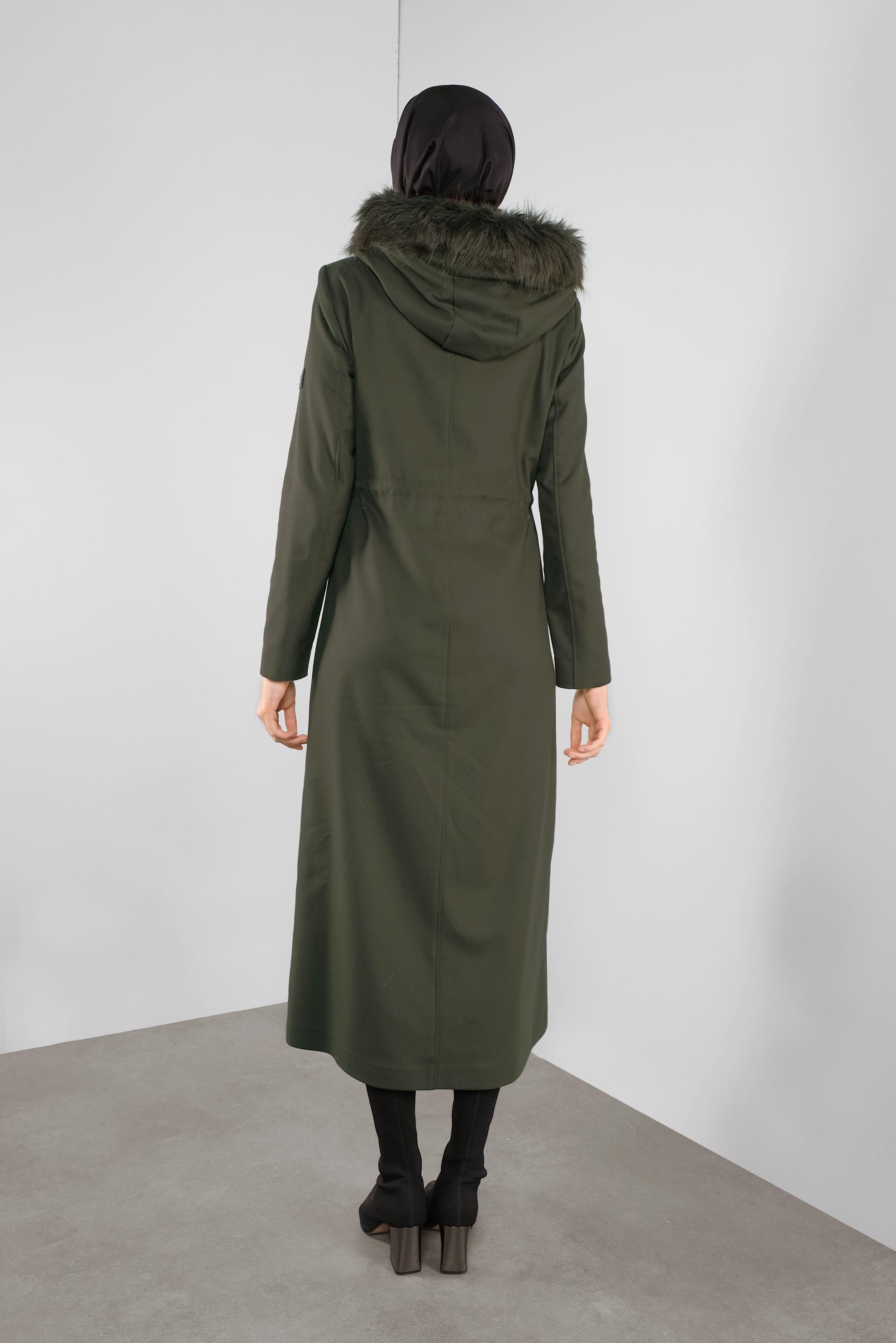 Hijab clothing KHAKI FAUX-FUR-TRIM HOODED COAT 90111 