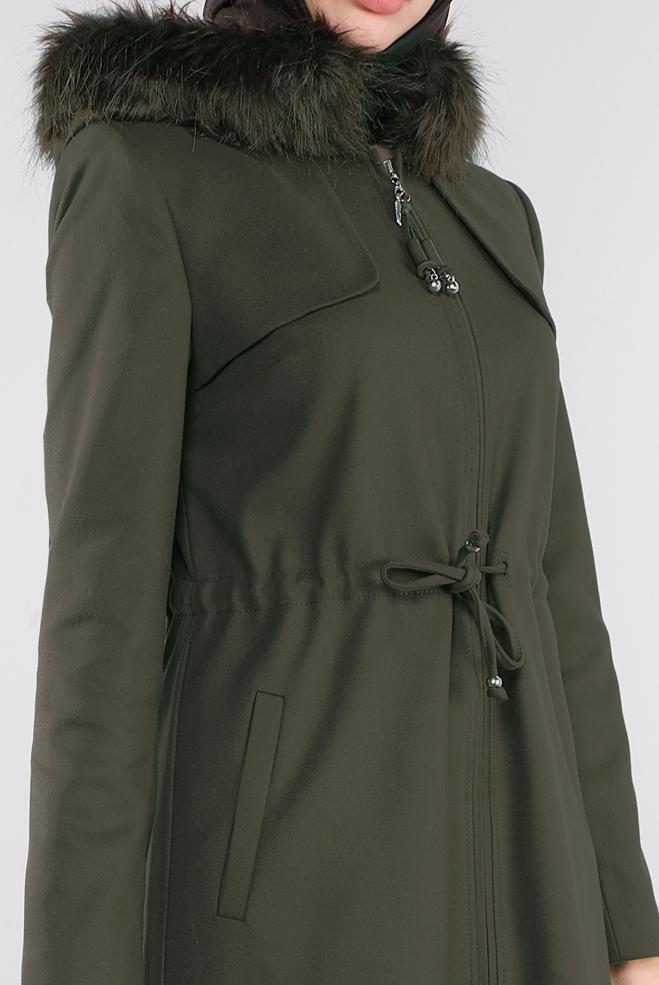 Hijab clothing KHAKI FAUX-FUR-TRIM HOODED COAT 90111  - ALVİNA