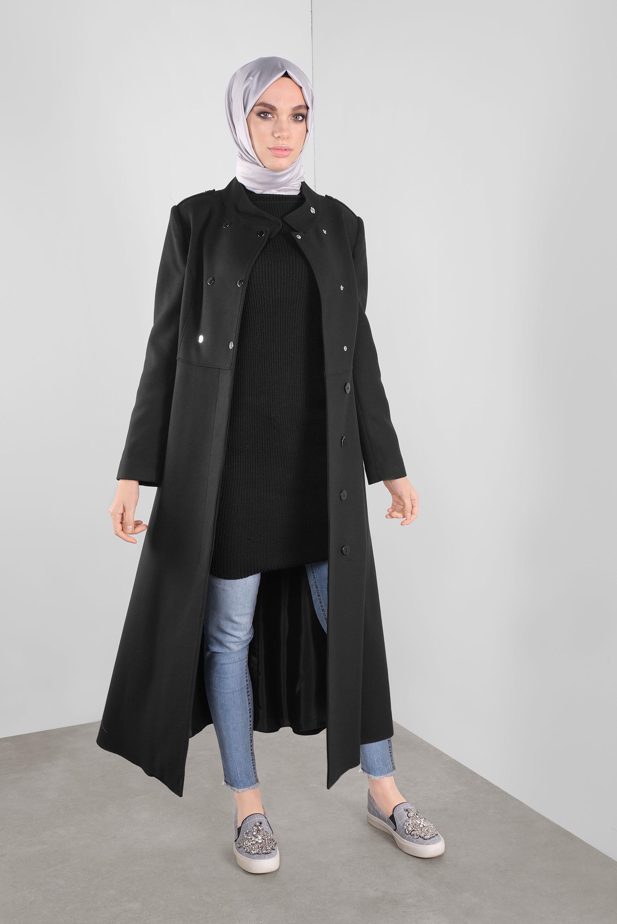 Tesettür giyim SİYAH BELİ KUŞAKLI KAŞE MANTO 90116