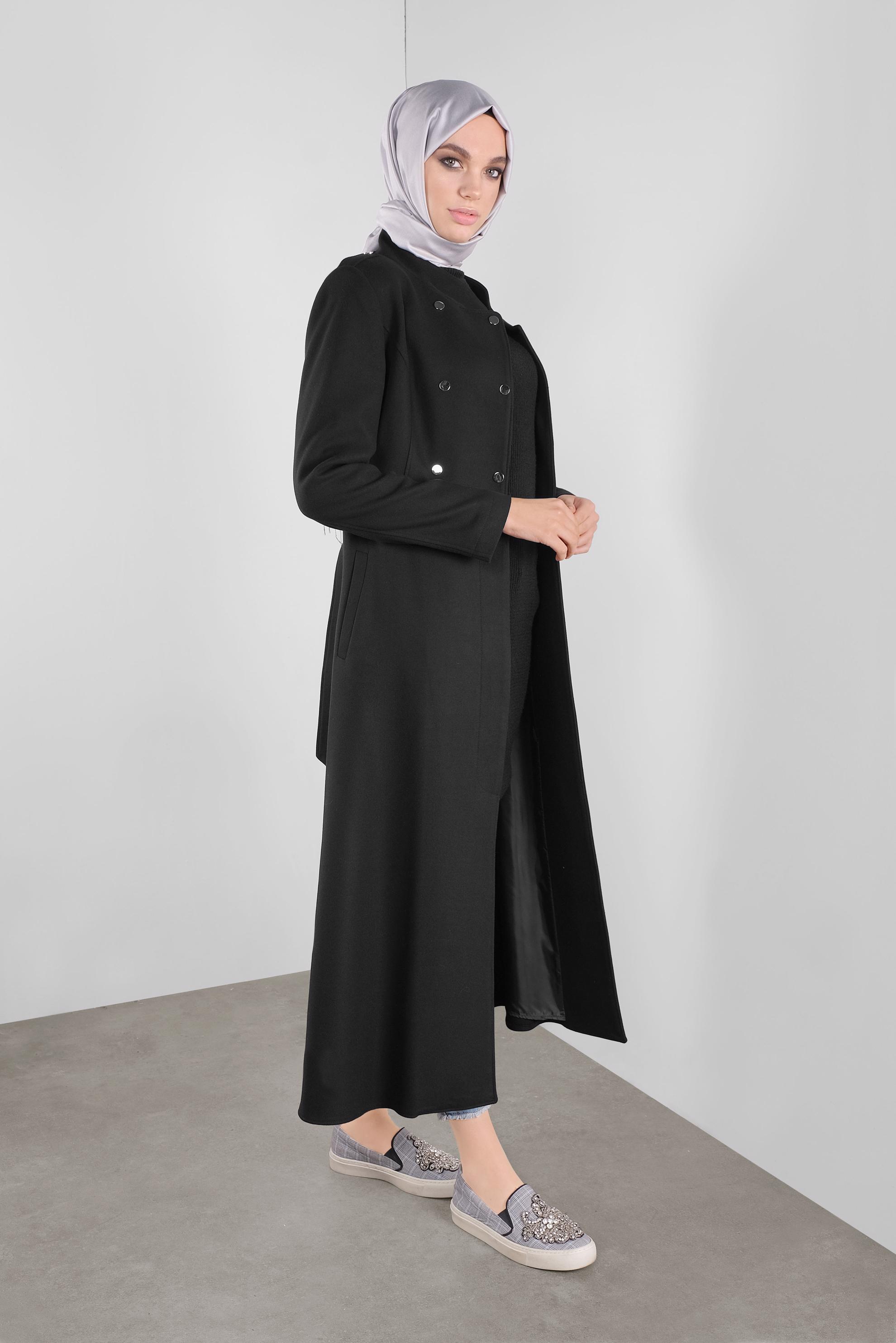 Tesettür giyim SİYAH BELİ KUŞAKLI KAŞE MANTO 90116