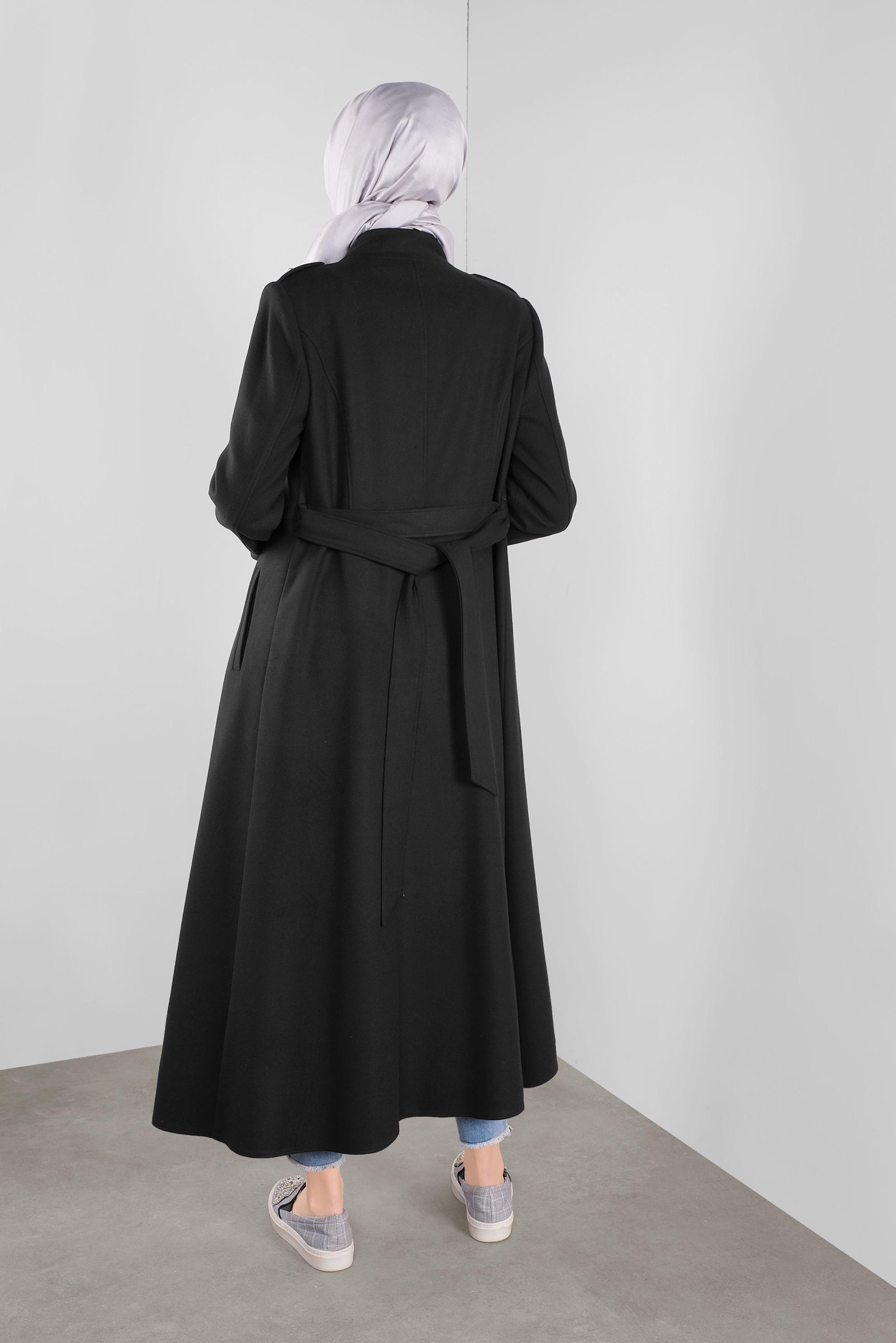 Tesettür giyim SİYAH BELİ KUŞAKLI KAŞE MANTO 90116