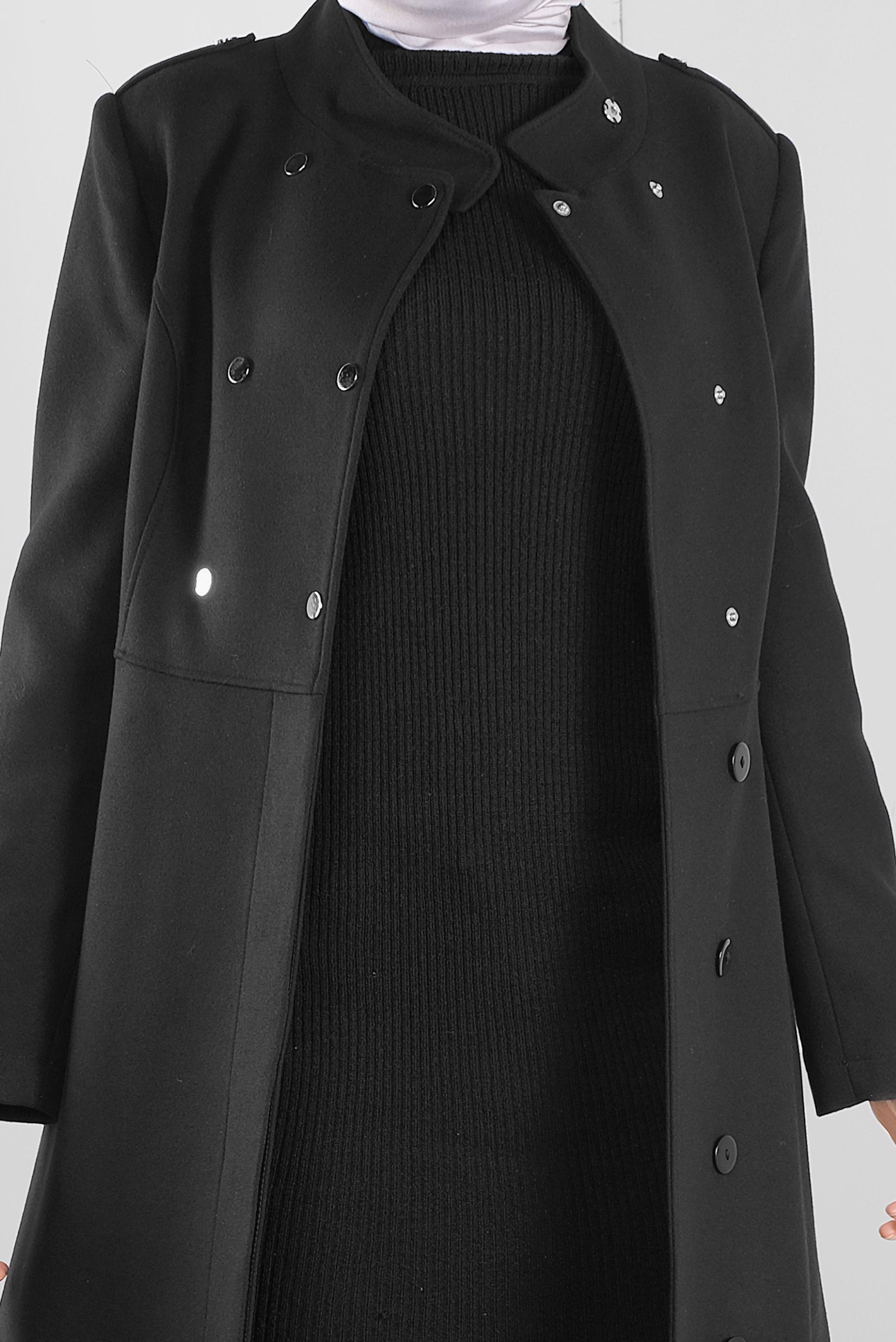 Tesettür giyim SİYAH BELİ KUŞAKLI KAŞE MANTO 90116