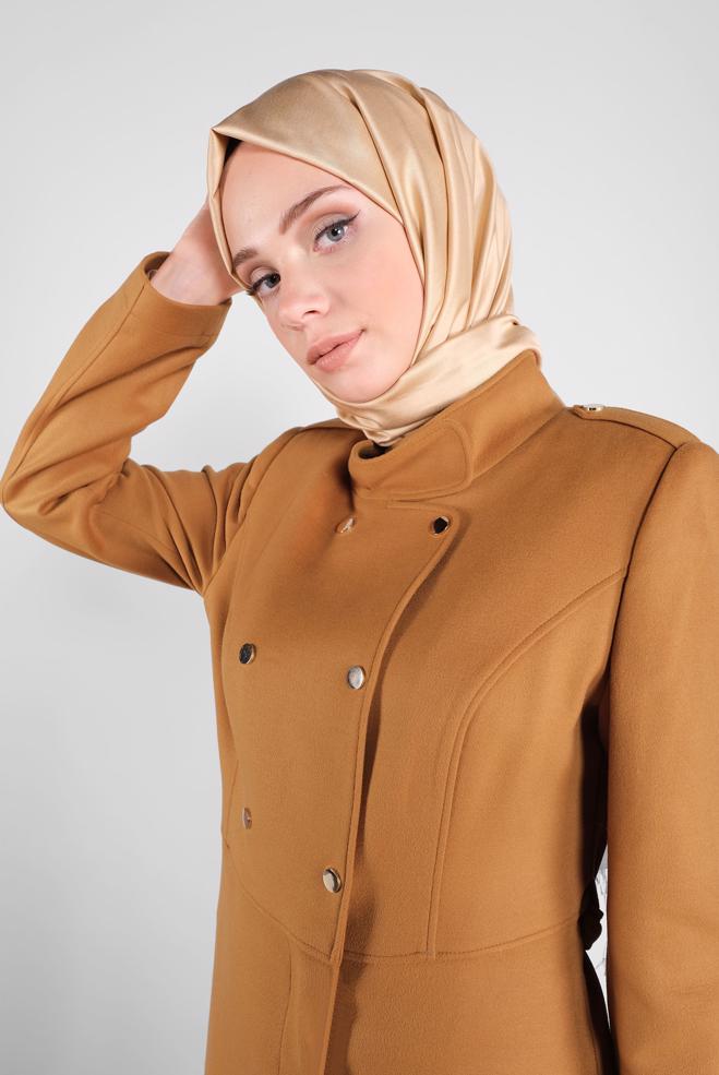 Vêtements hijab JAUNE MANTEAU EN LAINE AVEC CEINTURE 90116 - ALVİNA