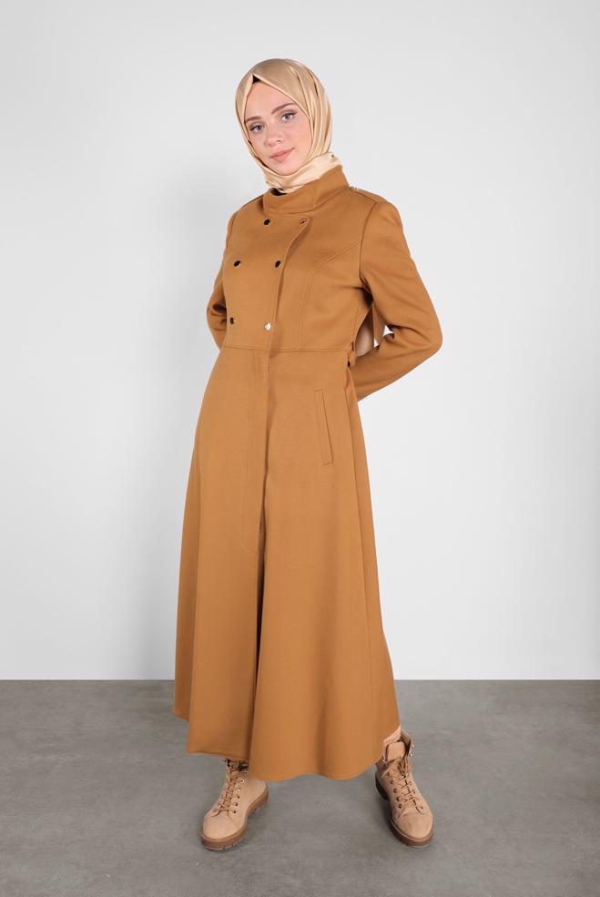 Vêtements hijab JAUNE MANTEAU EN LAINE AVEC CEINTURE 90116 - ALVİNA