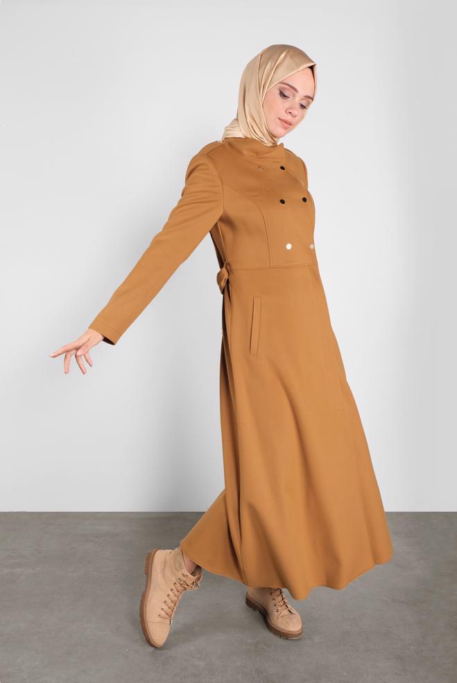 Vêtements hijab JAUNE MANTEAU EN LAINE AVEC CEINTURE 90116 - ALVİNA