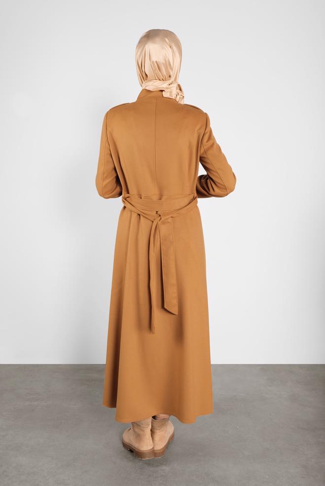 Vêtements hijab JAUNE MANTEAU EN LAINE AVEC CEINTURE 90116 - ALVİNA