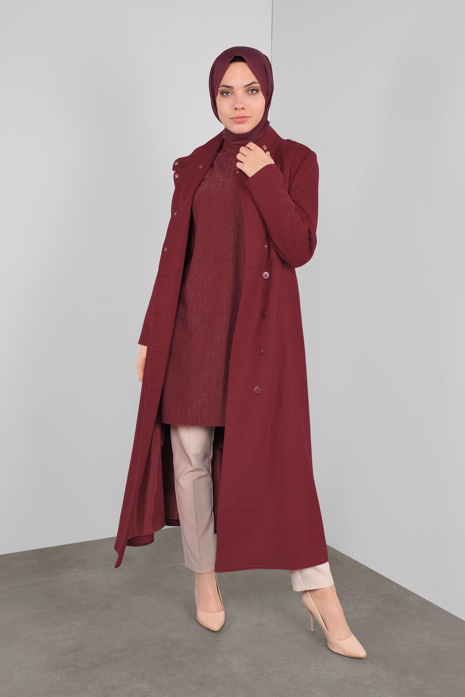 Vêtements hijab ROUGE BORDEAUX MANTEAU EN LAINE AVEC CEINTURE 90116