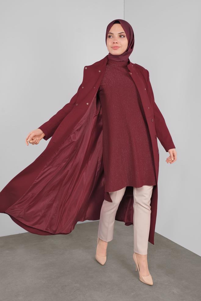 Vêtements hijab ROUGE BORDEAUX MANTEAU EN LAINE AVEC CEINTURE 90116 - ALVİNA