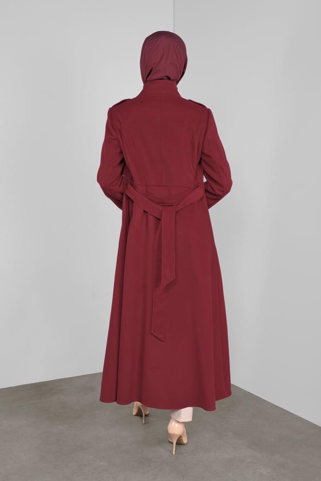 Vêtements hijab ROUGE BORDEAUX MANTEAU EN LAINE AVEC CEINTURE 90116 - ALVİNA