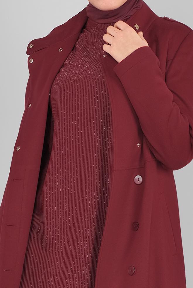 Vêtements hijab ROUGE BORDEAUX MANTEAU EN LAINE AVEC CEINTURE 90116 - ALVİNA
