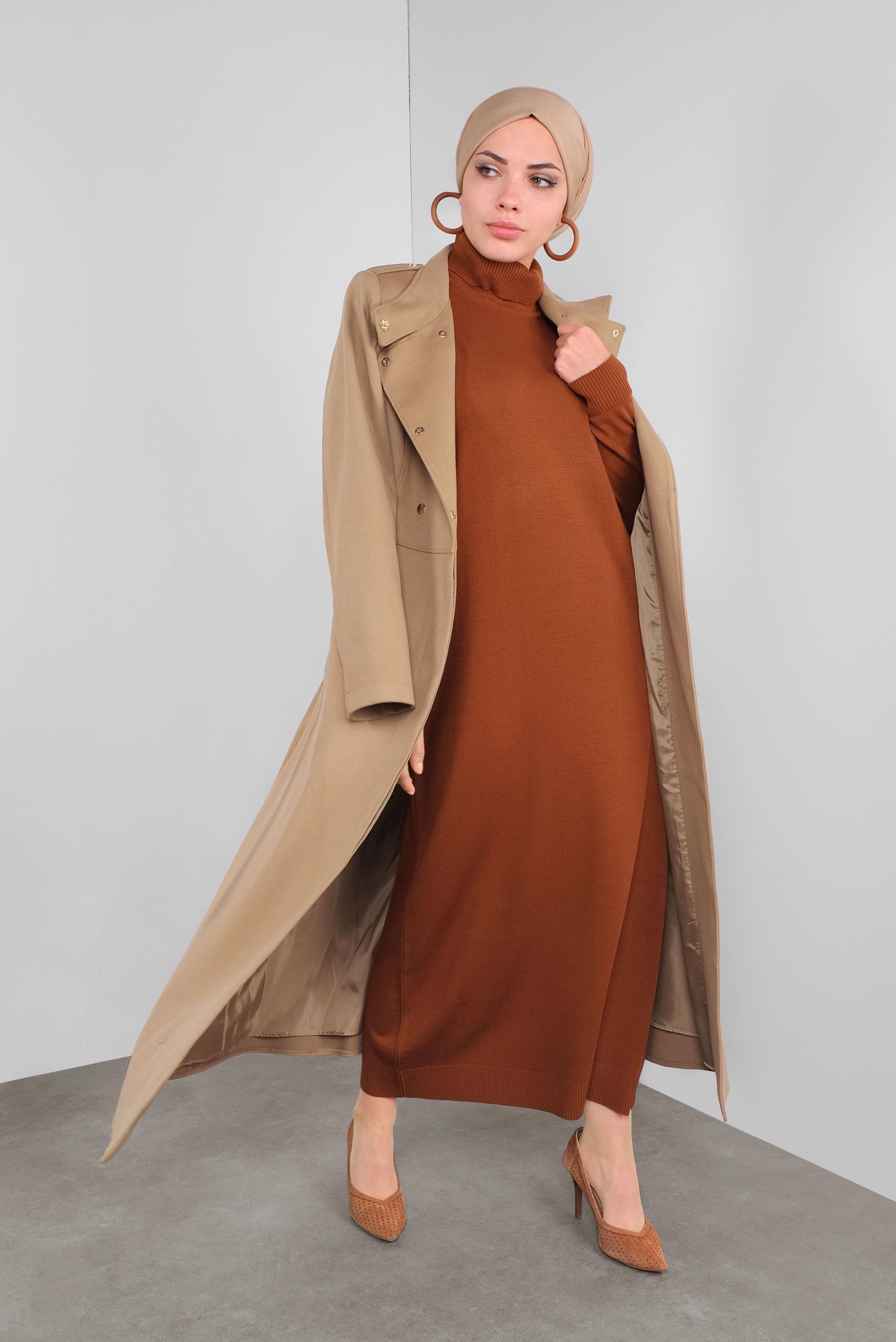 Tesettür giyim KAHVE BELİ KUŞAKLI KAŞE MANTO 90116