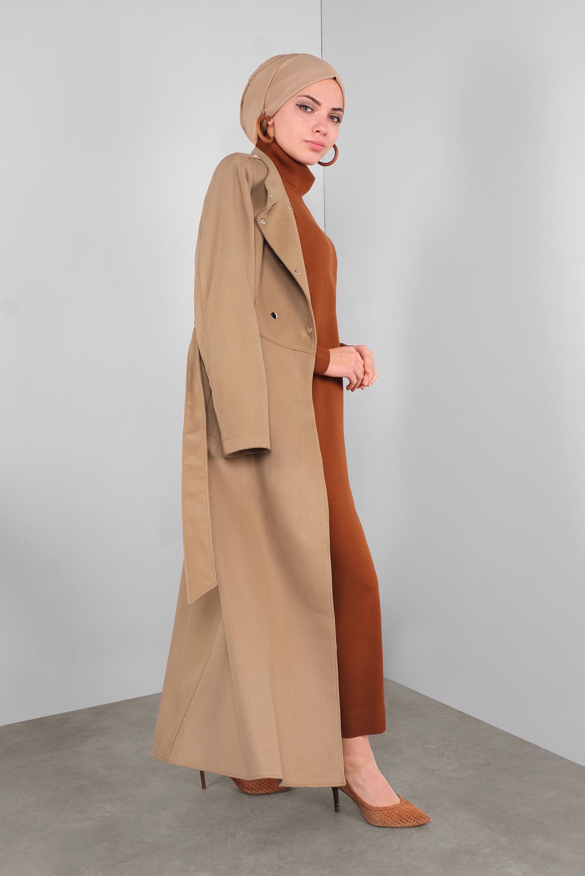 Tesettür giyim KAHVE BELİ KUŞAKLI KAŞE MANTO 90116