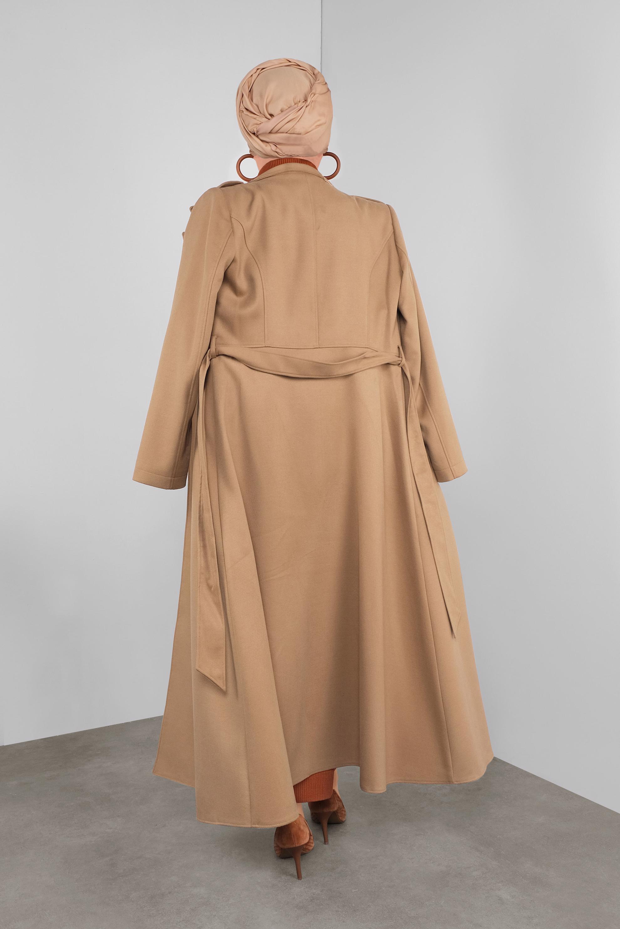 Tesettür giyim KAHVE BELİ KUŞAKLI KAŞE MANTO 90116