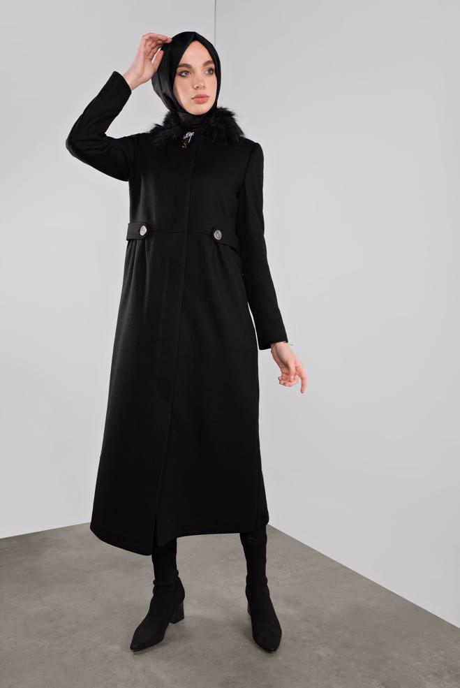 Hijab clothing BLACK BROOCH DETAILED WALKER COAT 90123  - ALVİNA
