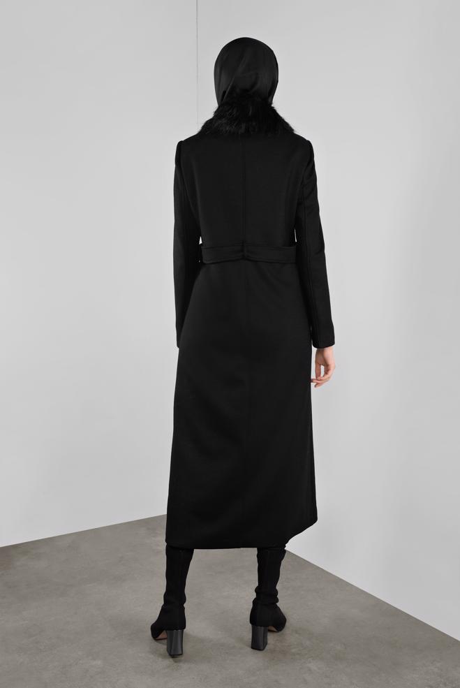 Hijab clothing BLACK BROOCH DETAILED WALKER COAT 90123  - ALVİNA