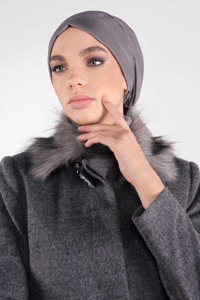 Vêtements hijab GRIS MANTEAU À BROCHE 90123  - ALVİNA