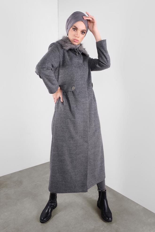 Vêtements hijab GRIS MANTEAU À BROCHE 90123  - ALVİNA