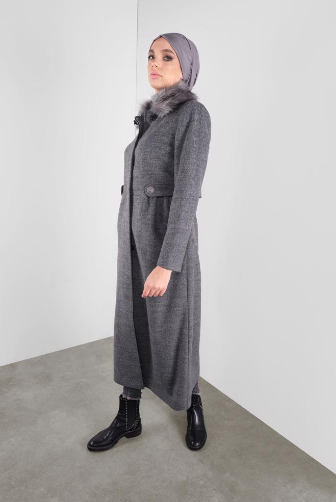 Vêtements hijab GRIS MANTEAU À BROCHE 90123  - ALVİNA