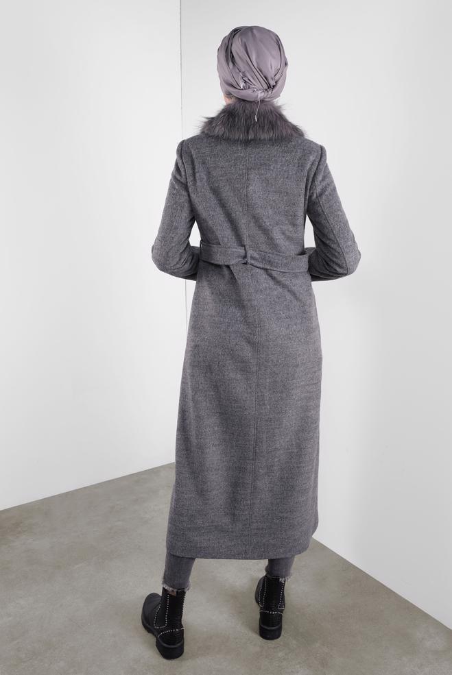 Vêtements hijab GRIS MANTEAU À BROCHE 90123  - ALVİNA