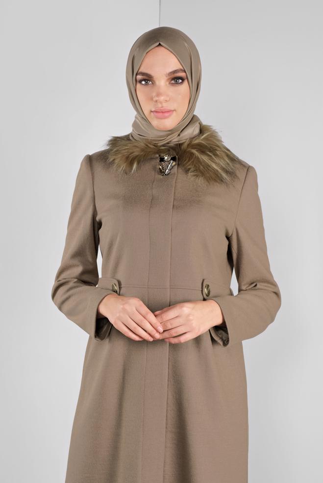 Vêtements hijab BRUN MANTEAU À BROCHE 90123  - ALVİNA