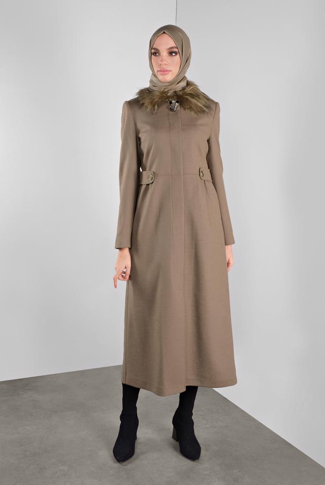 Vêtements hijab BRUN MANTEAU À BROCHE 90123  - ALVİNA