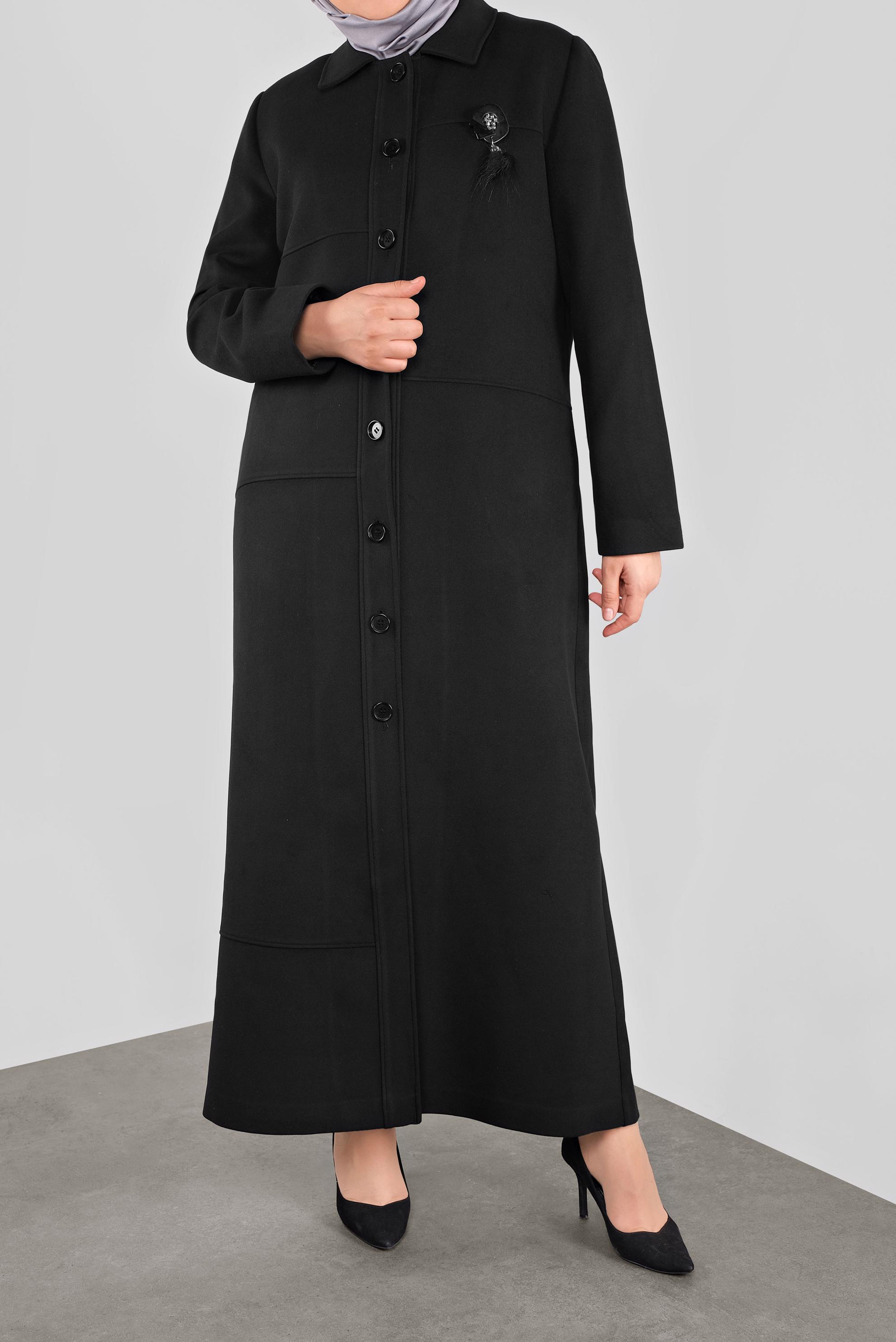 Tesettür giyim SİYAH DÜĞMELİ KAŞE MANTO 90126 
