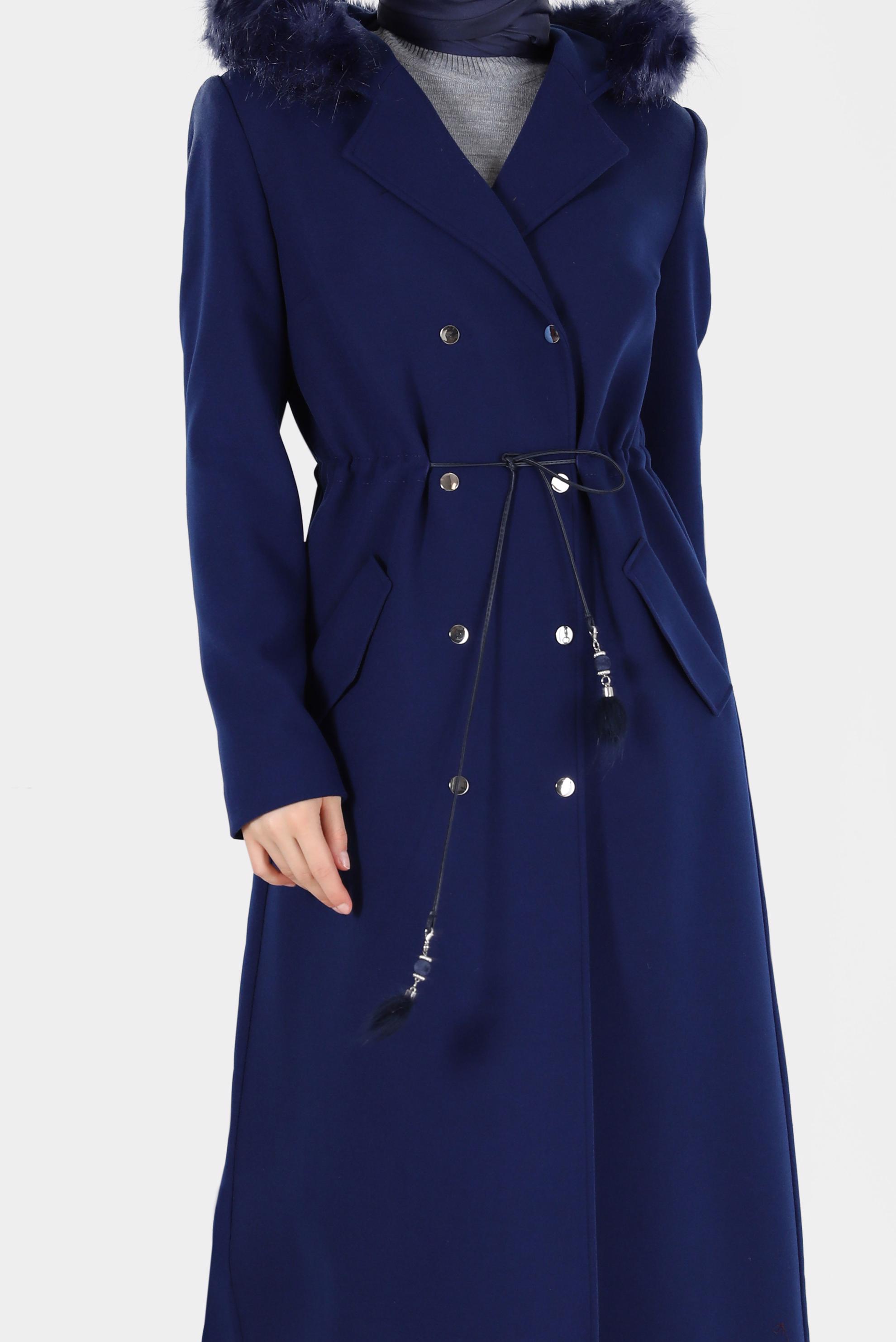 Vêtements hijab BLEU MANTEAU À TAILLE FRONCÉE AVEC DÉTAIL FOURRURE 90141