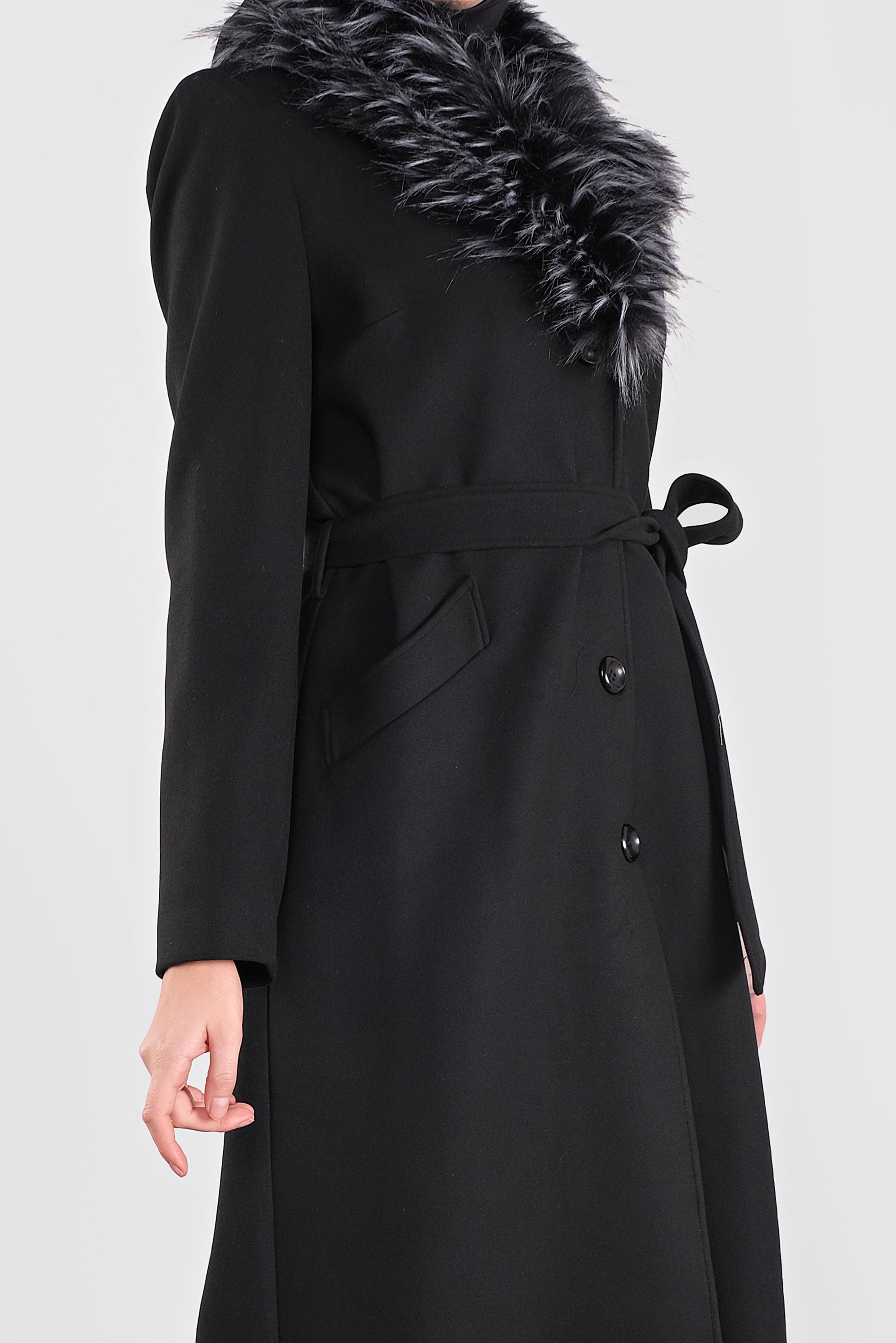 Tesettür giyim SİYAH KUŞAKLI YAKASI KÜRKLÜ KAŞE MANTO 90157