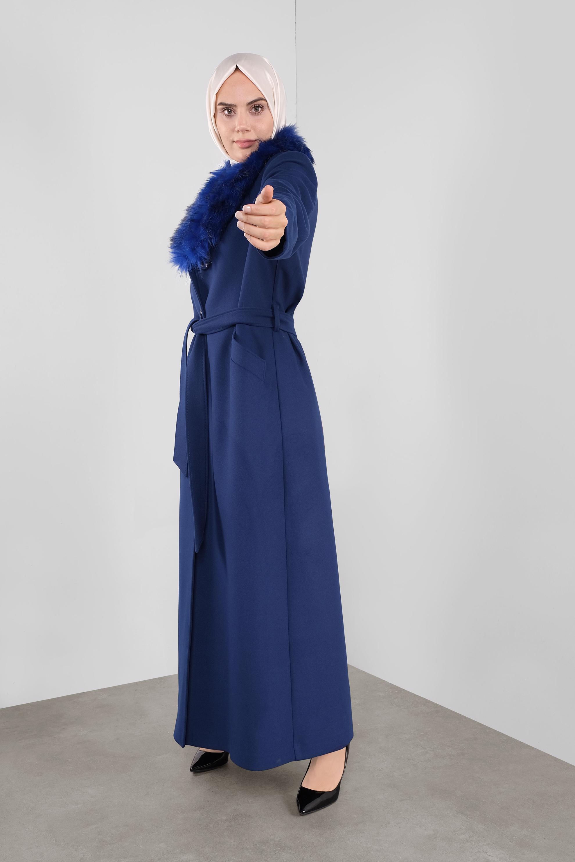 Hijab clothing NAVY BLUE FAUX-FUR-TRIM COLLAR BELTED OVERCOAT 90157 