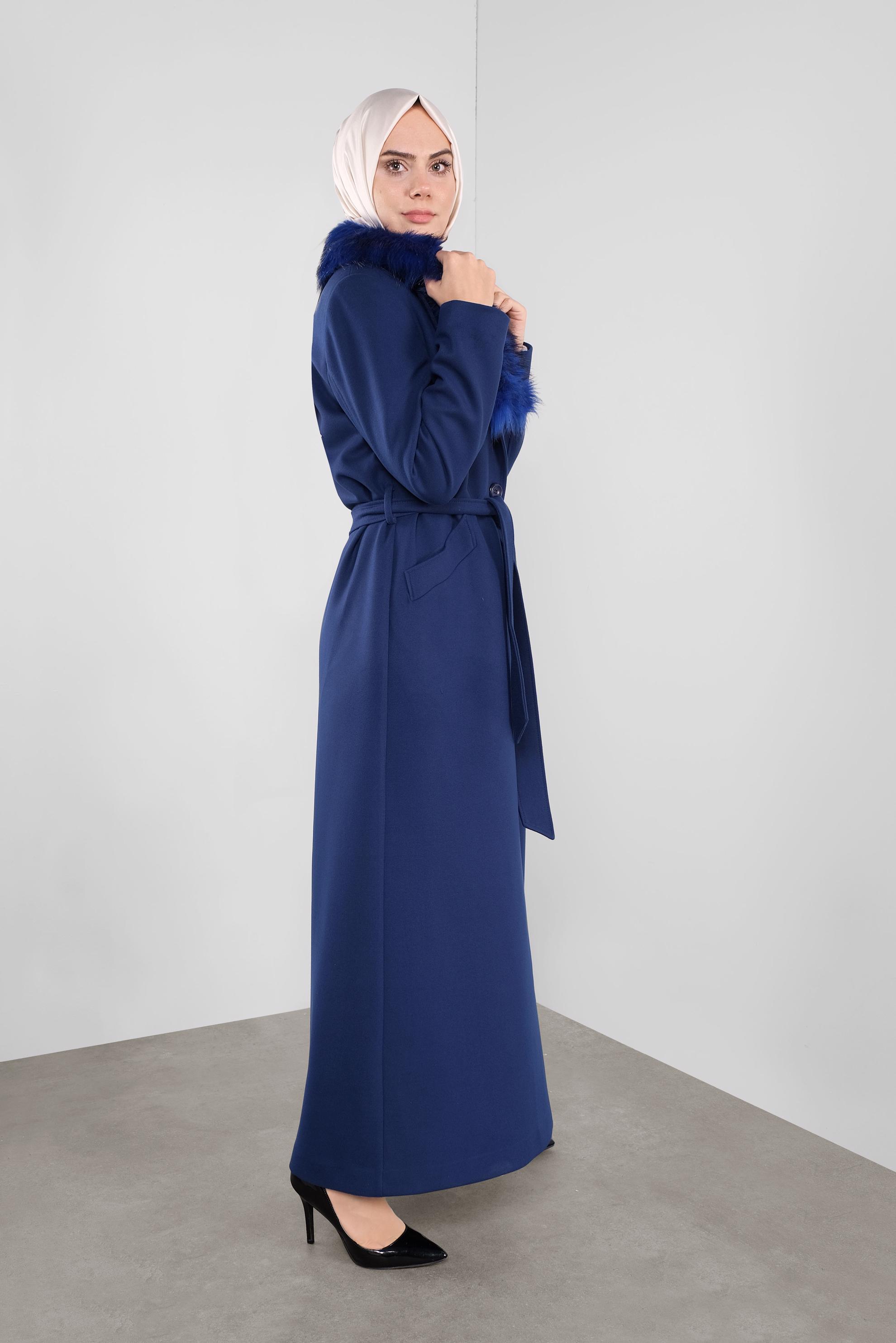 Hijab clothing NAVY BLUE FAUX-FUR-TRIM COLLAR BELTED OVERCOAT 90157 