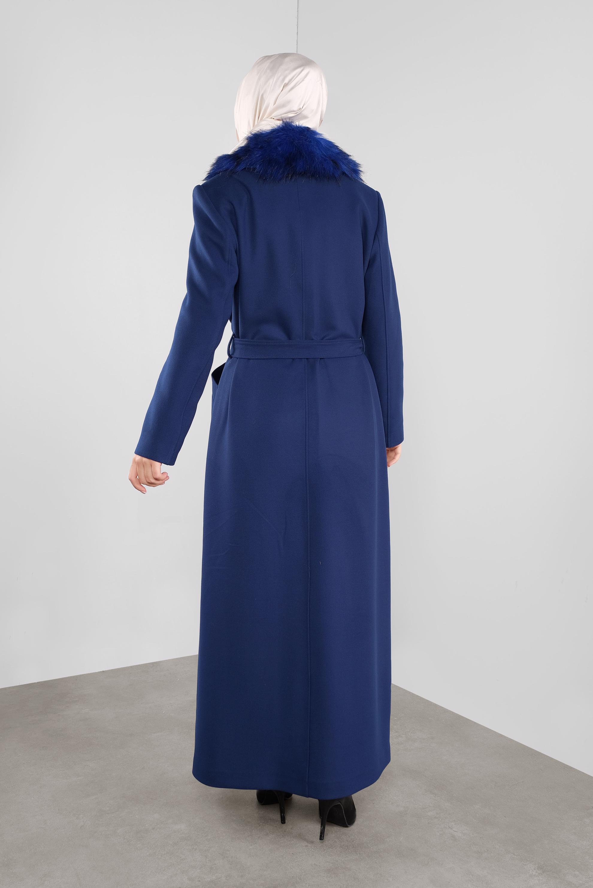 Hijab clothing NAVY BLUE FAUX-FUR-TRIM COLLAR BELTED OVERCOAT 90157 
