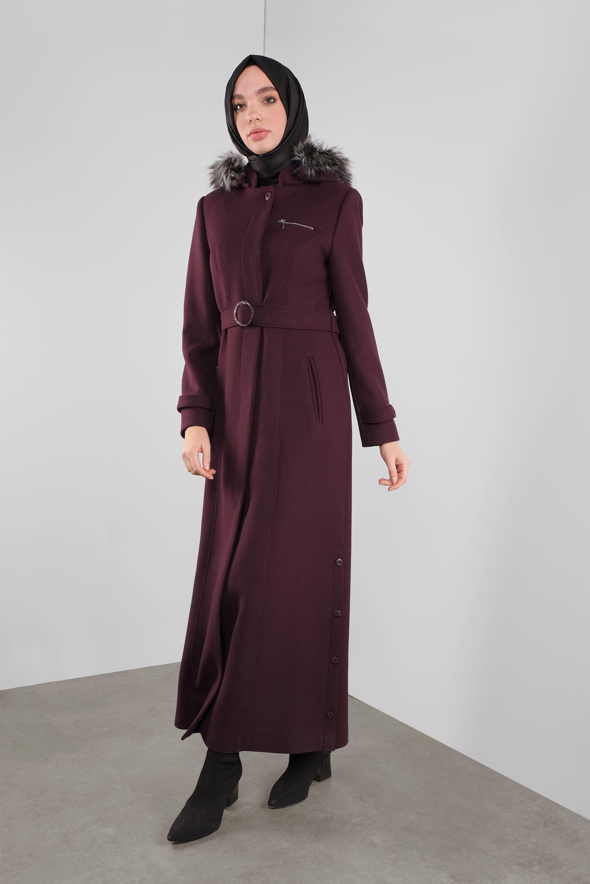 Tesettür giyim MÜRDÜM KAPÜŞONU KÜRKLÜ KAŞE MANTO 90160
