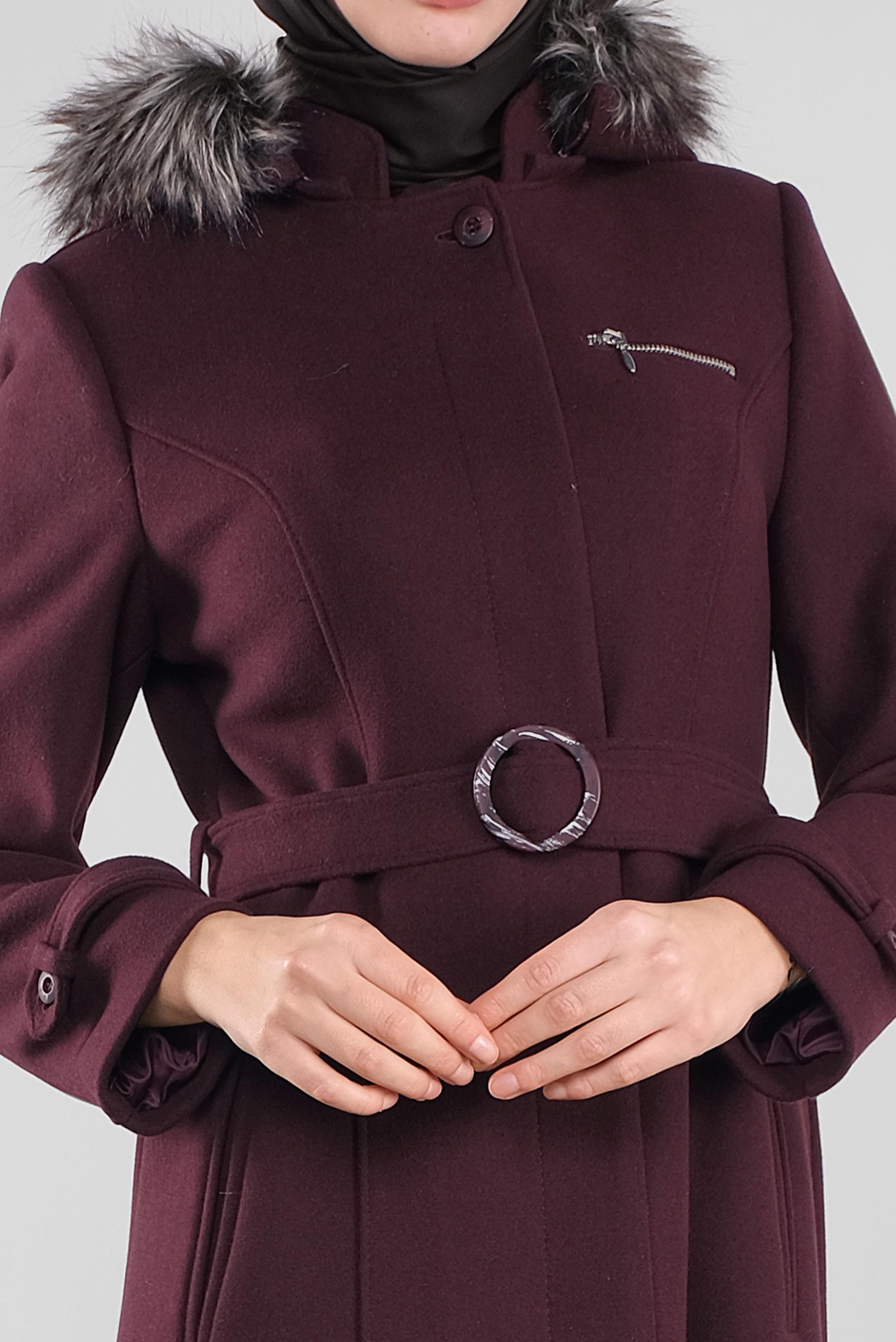 Tesettür giyim MÜRDÜM KAPÜŞONU KÜRKLÜ KAŞE MANTO 90160