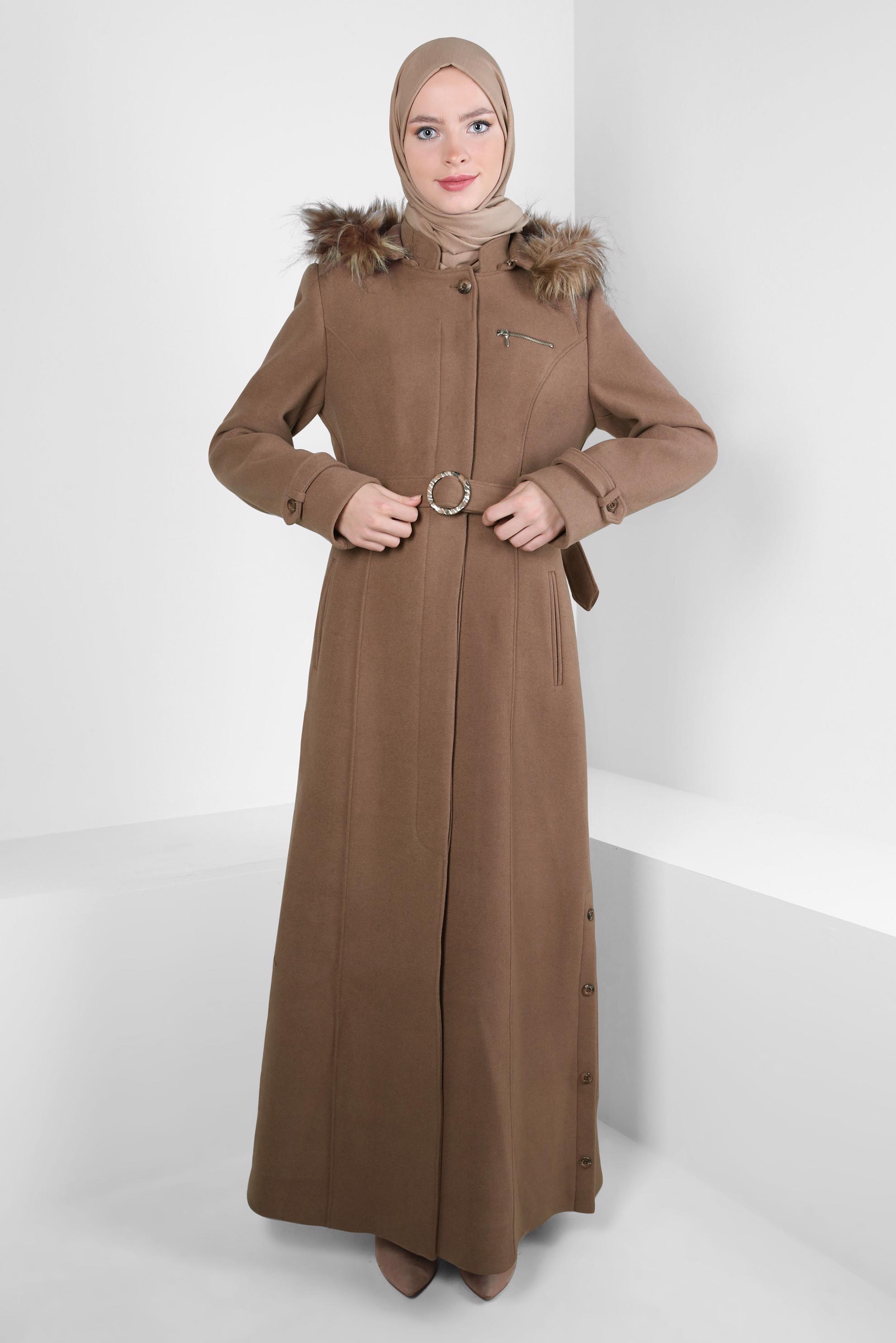 Tesettür giyim VİZON KAPÜŞONU KÜRKLÜ KAŞE MANTO 90160