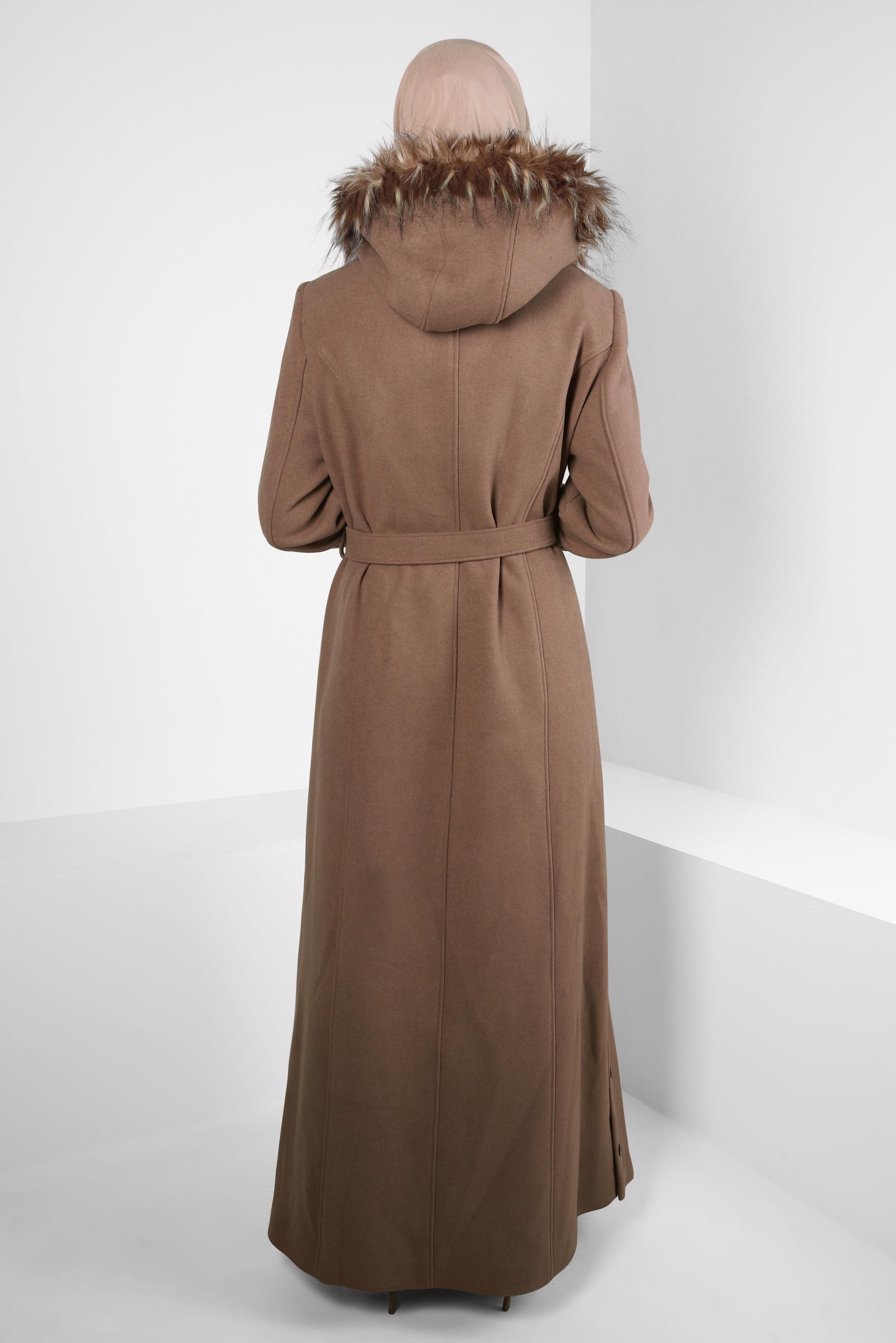 Tesettür giyim VİZON KAPÜŞONU KÜRKLÜ KAŞE MANTO 90160