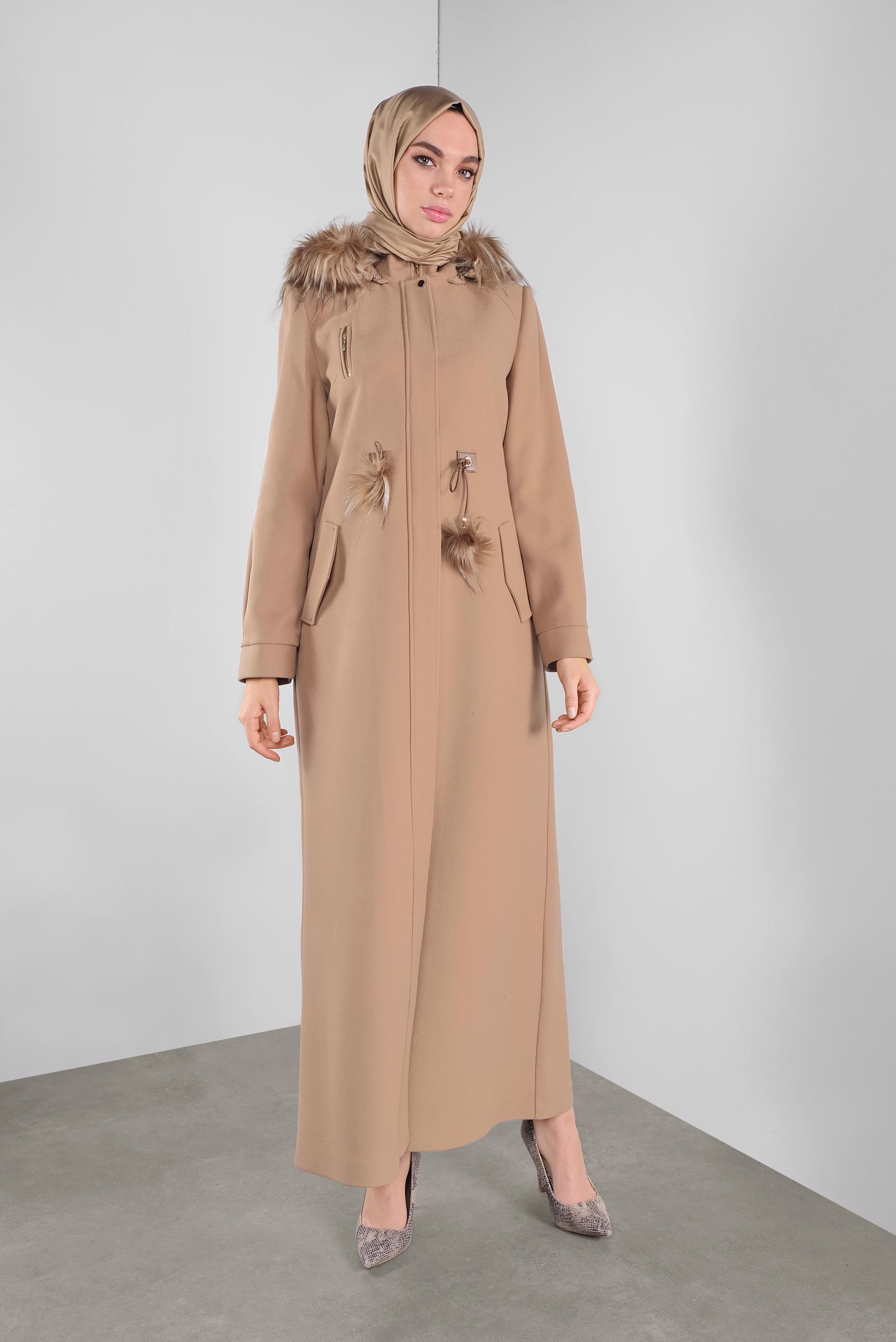 Tesettür giyim TABA KÜRK DETAYLI KAŞE MANTO 90161 