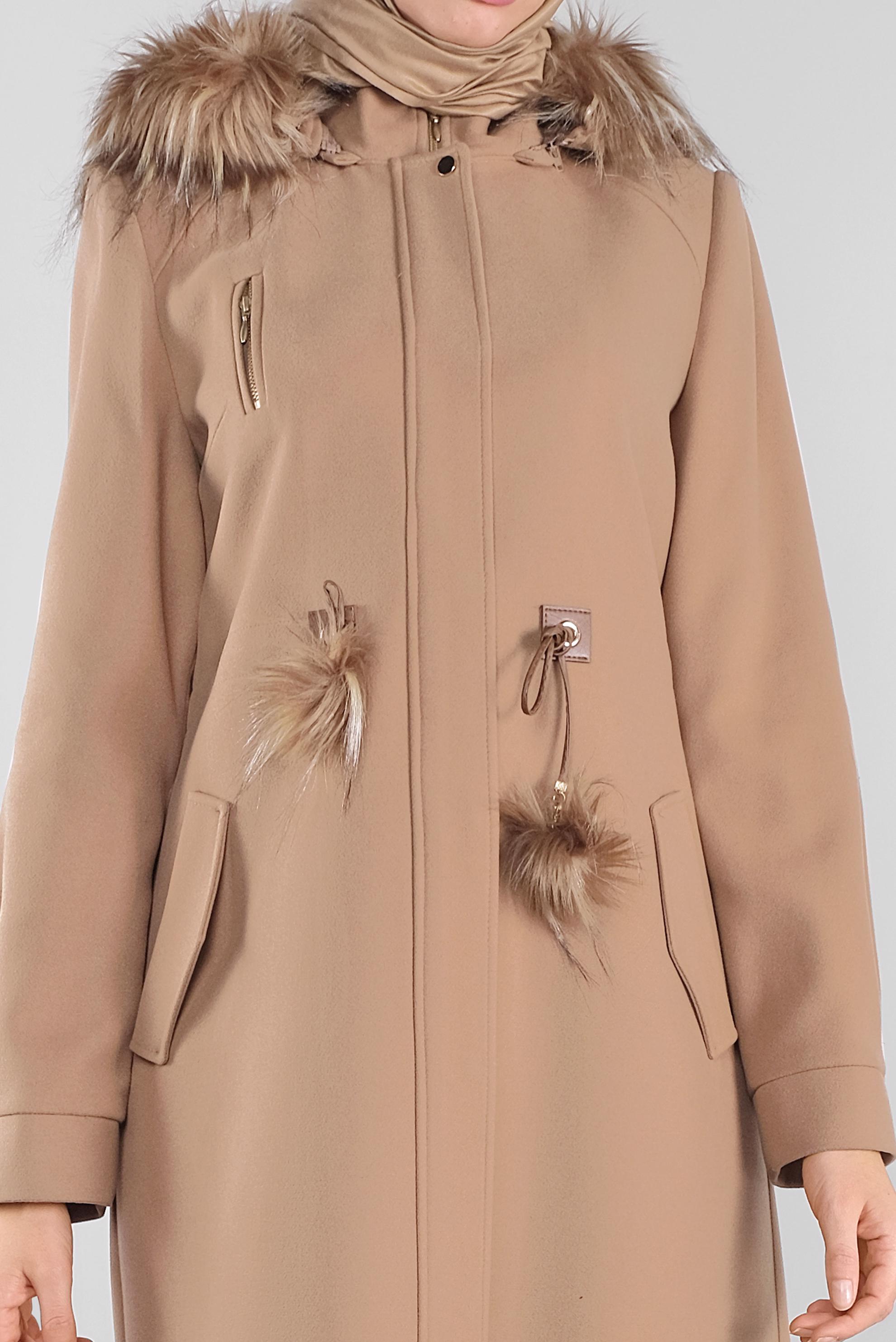 Tesettür giyim TABA KÜRK DETAYLI KAŞE MANTO 90161 