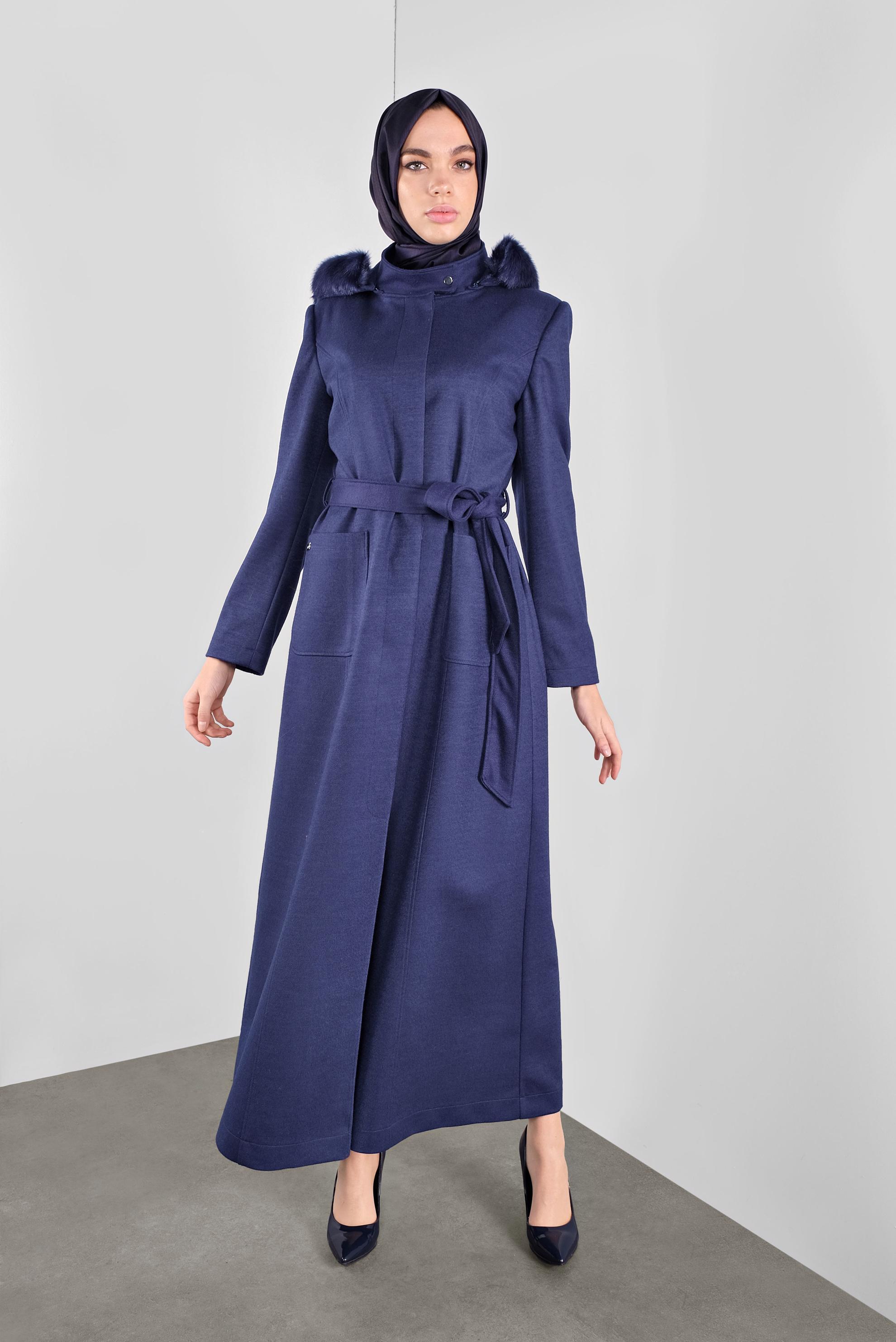 Hijab clothing NAVY BLUE BELTED FAUX-FUR-TRIM HOODED COAT 90162 