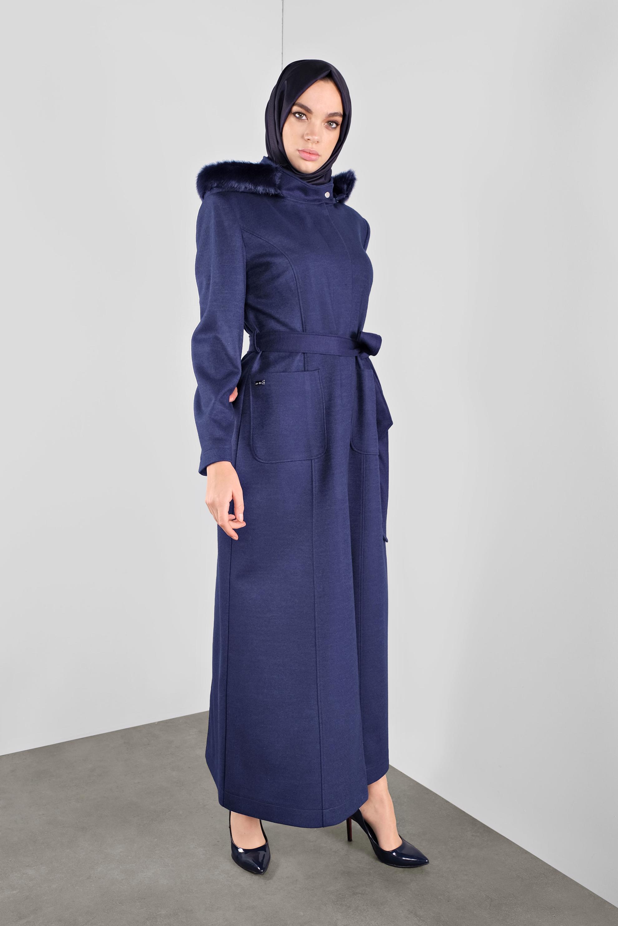 Hijab clothing NAVY BLUE BELTED FAUX-FUR-TRIM HOODED COAT 90162 