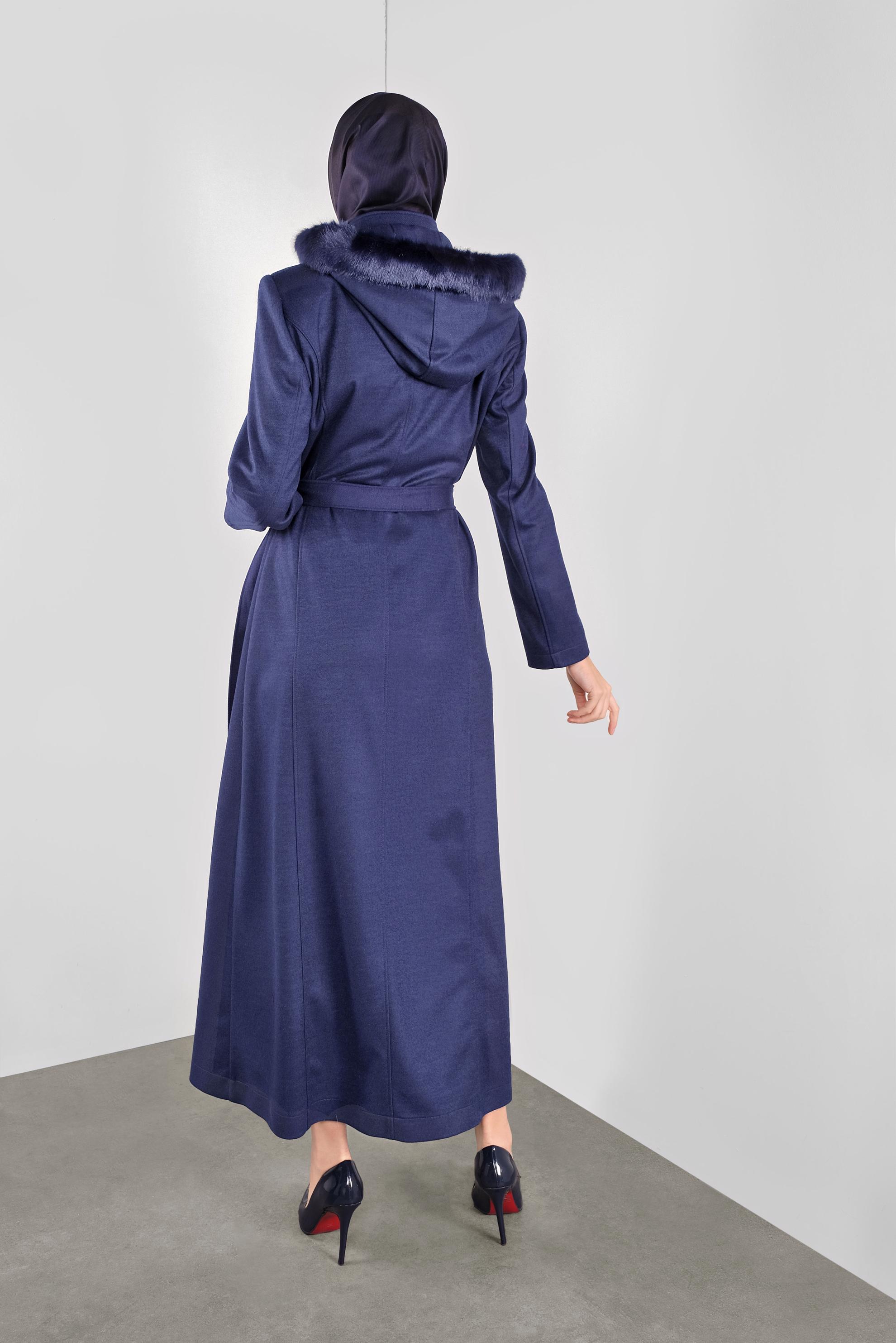 Hijab clothing NAVY BLUE BELTED FAUX-FUR-TRIM HOODED COAT 90162 